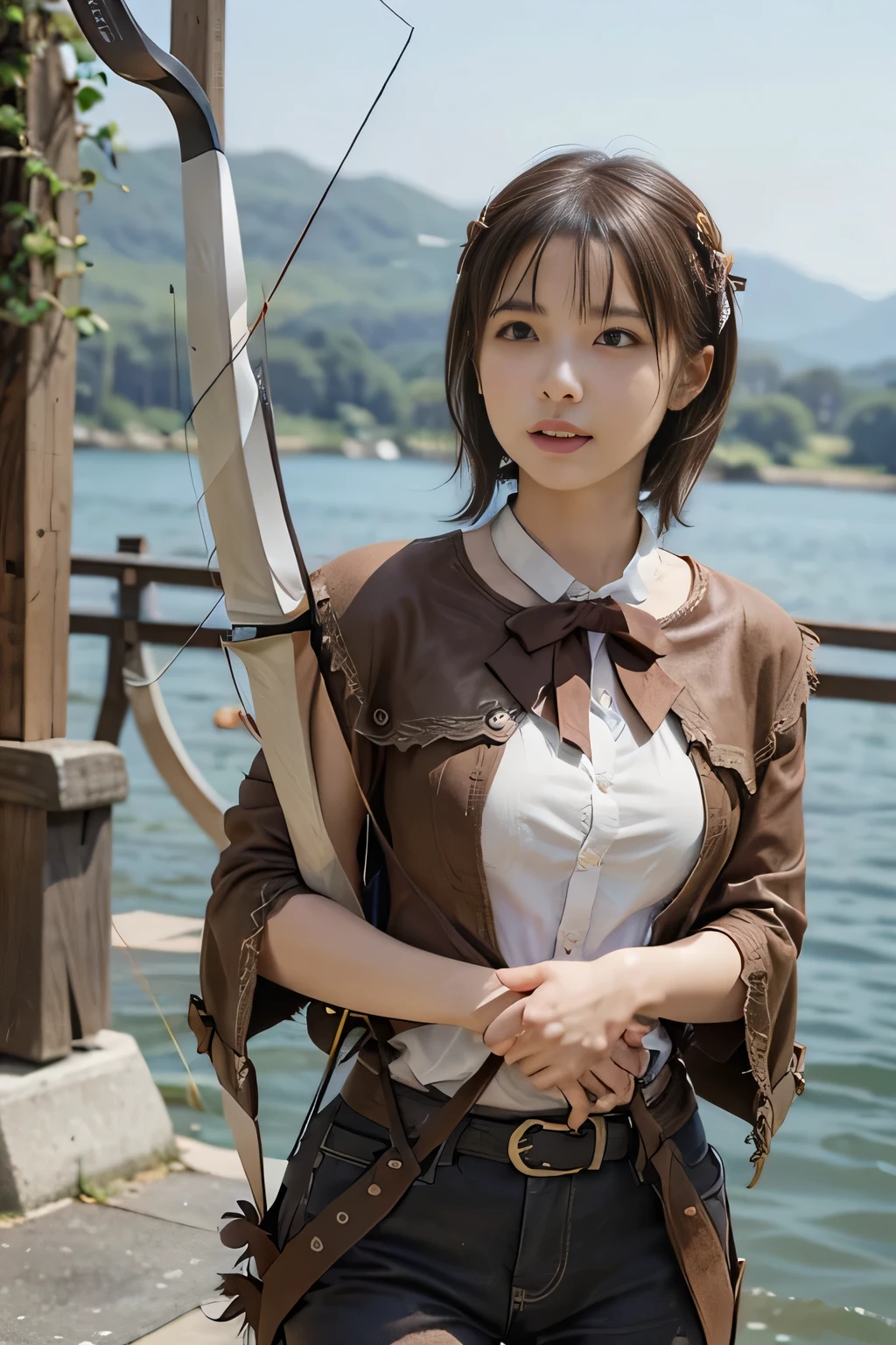 8k,A female adventurer from another world,so beautiful(Like the real thing),Adult woman in leather armor,((Woman with short brown hair:1.4)),blue eyes,((Cowboy Shot:1.4))、((Woman shooting with a stone crossbow:1.5))、Brown combat trousers,Dagger on hip,Walking in mountainous areas,Perfect Face,Perfect hand shape,charm,Volume measurement,Body balance,超High resolution,super Realistic skin,Digital single-lens reflex camera, Soft lighting, high quality, Highly detailed face, Highly detailed eyes, highly detailed skin, skin, Scattered beneath the surface of the water, Highly detailed face, Highly detailed eyes, Beautiful expression, lip, Detailed Background, Written boundary depth, Small breasts、Volumetric lighting, Sharp focus, Absurd, Realistic proportions, Excellent anatomy, (Realistic, 超Realistic:1.4), 16k hdr, dawn,High resolution,super Realistic skin,super Beautiful expression,Fantasy art,Character Art,Dynamic pose,Compensate,Brown cloak,((Carrying a big bow:1.4)),