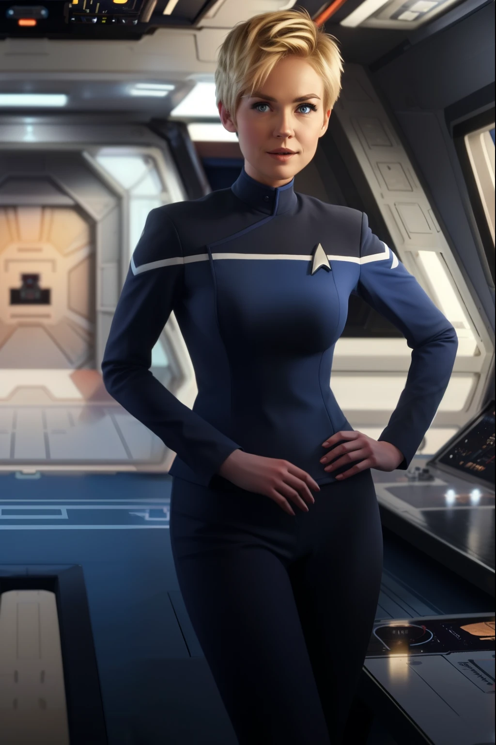 woman in blue sttldunf uniform,on spaceship,short blond hair