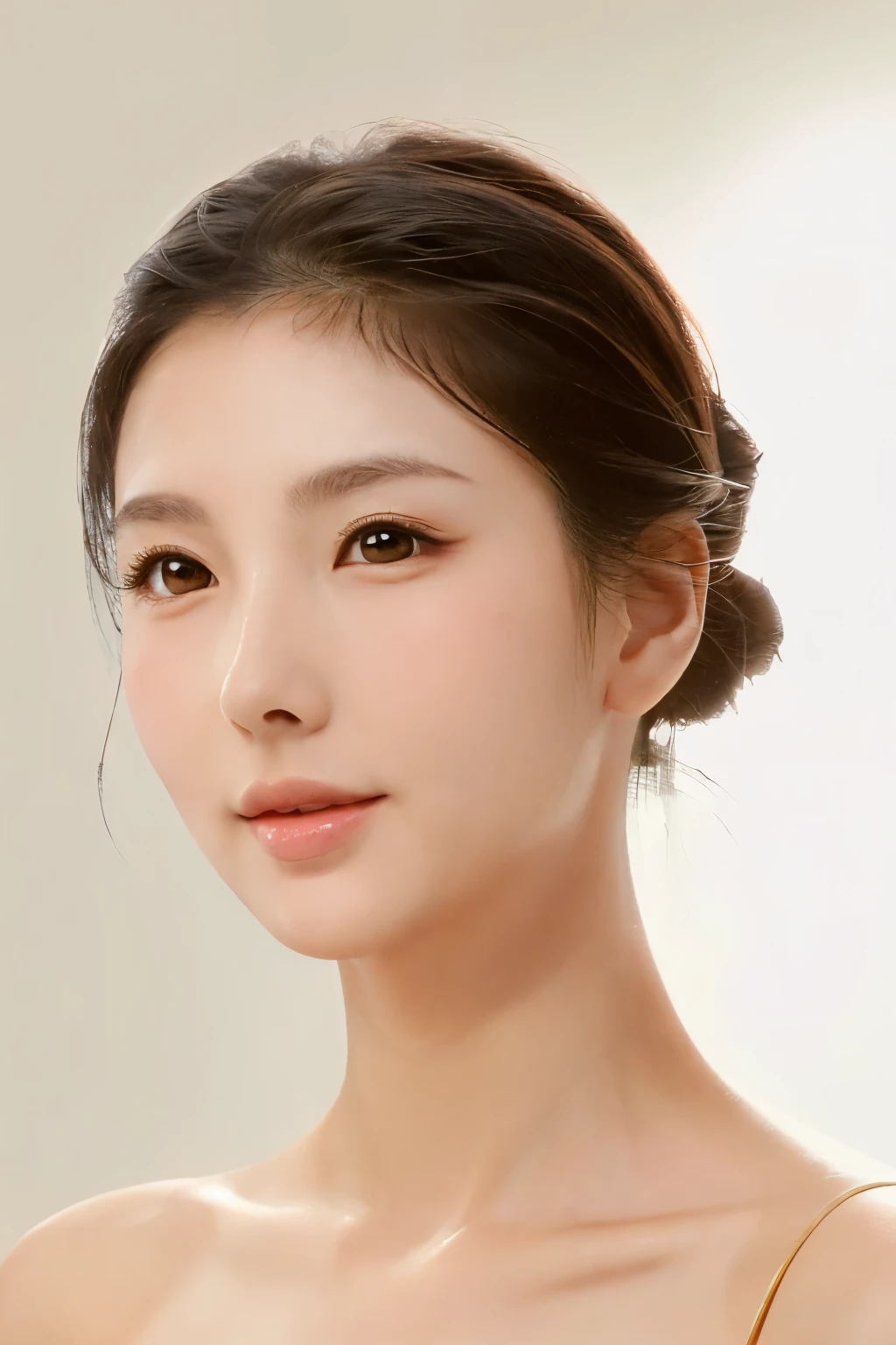 ((masterpiece, top quality, high definition)), 1 girl, (photorealistic: 1.4), solo, white background, snow-white background, mouth closed, happy smile, pretty black hair, short hair, big eyes, clear double eyelids, eyelashes, ears out, absolute area, ((face close-up)), (drawing all head, shoulders), 35 years old, Attractive proportions, glossy skin, clean collarbone, face in golden proportion, perfect face, teardrop mole, mole on chest, bangs, clean bangs, beautiful bangs, lip gloss, thin lips, pale skin, naked, small breasts, small face, head all drawn, shoulders all drawn, staring at the camera slightly upwards