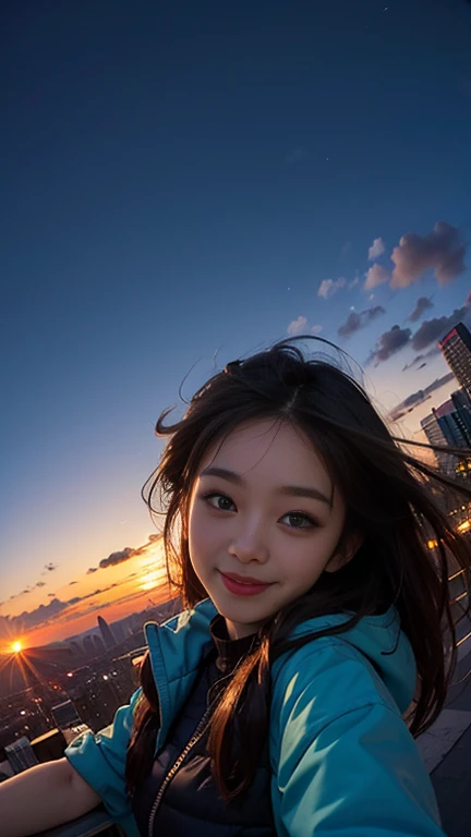 One girl, Korean, Fisheye Lens, Selfie, Wind, Messy Hair, sunset, Cityscape, (Aesthetics and atmosphere:1.2),smile