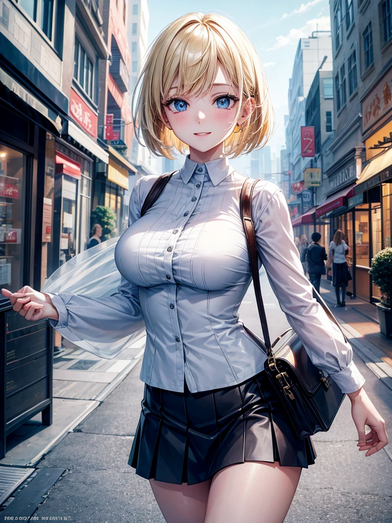 Anime style, super fine illustration, highly detailed, beautiful detailed, pale tone image, static representation, gentle expression, 8k, pretty 1girl with blonde straight short hair & blue eyes & a bright smile & full bust & soft fair skin is wearing big white business shart not to show her skin & black tight skirt & 1business bag, on the business building street, in the morning, brilliant particles of lights, romantic stories, solo, perfect 5fingers, perfect arms, perfect legs, masterpiece.