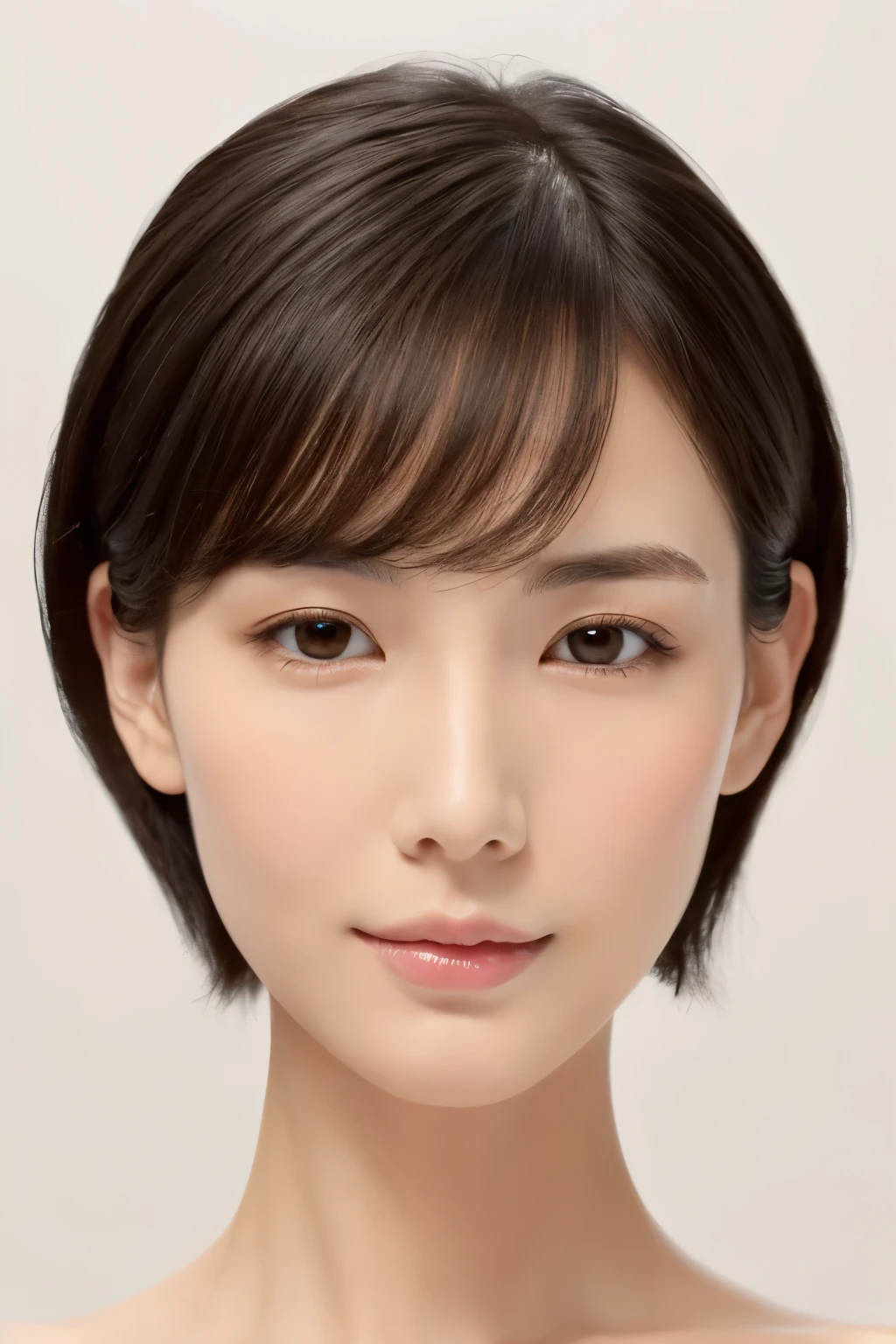 ((masterpiece, top quality, high definition)), 1 girl, (photorealistic: 1.4), solo, white background, snow-white background, mouth closed, happy smile, pretty black hair, short hair, big eyes, clear double eyelids, eyelashes, ears out, absolute area, ((face close-up)), (drawing all head, shoulders), 35 years old, Attractive proportions, glossy skin, clean collarbone, face in golden proportion, perfect face, teardrop mole, mole on chest, bangs, clean bangs, beautiful bangs, lip gloss, thin lips, pale skin, naked, small breasts, small face, head all drawn, shoulders all drawn, staring at the camera slightly upwards