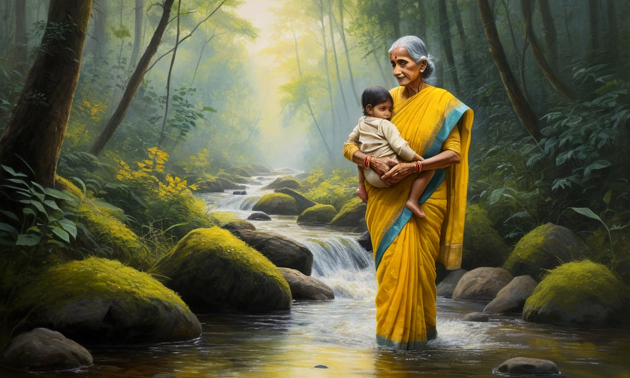 A touching scene of an elderly woman in a yellow sari carrying a young through a forest stream, the dense and misty forest background enhancing the sense of adventure and protection, highlighting the bond and the journey, Oil Painting, using vibrant colors and soft brushstrokes, --ar 9:16 --v 5