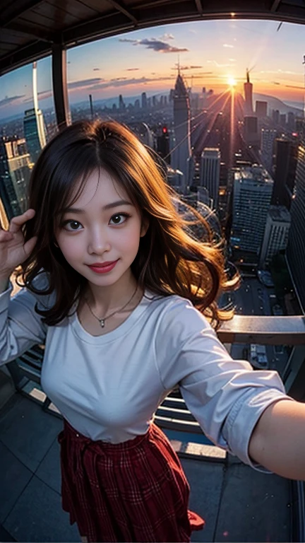 One girl, Korean, Fisheye Lens, Selfie, Wind, Messy Hair, sunset, Cityscape, (Aesthetics and atmosphere:1.2),smile
