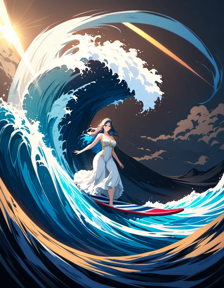 a portrait of a bride surfing the waves, on a sunny day in ocean, an exotic beautiful bride,   ((anatomically correct: 1.5)) ultra detailed face, dynamic hair color, dynamic hair style, dynamic skin complexion, (best detailed face: 1.5), busty wearing intricate, elegant bride's dress, glamour bride dress, barefoot, she is surfing an (surf board: 1.3) she surfs a massive wave, sunny day, sun rays, some clouds, wavy ocean background, vibrant, Ultra-high resolution, High Contrast, (masterpiece:1.5), highest quality, Best aesthetics), best details, best quality, highres, 16k, (ultra detailed: 1.5), masterpiece, best quality, (extremely detailed) RAW, (ultra details, Masterpiece, best quality), Dark Art Painting Style, ba11g0wn, Cinematic Hollywood Film