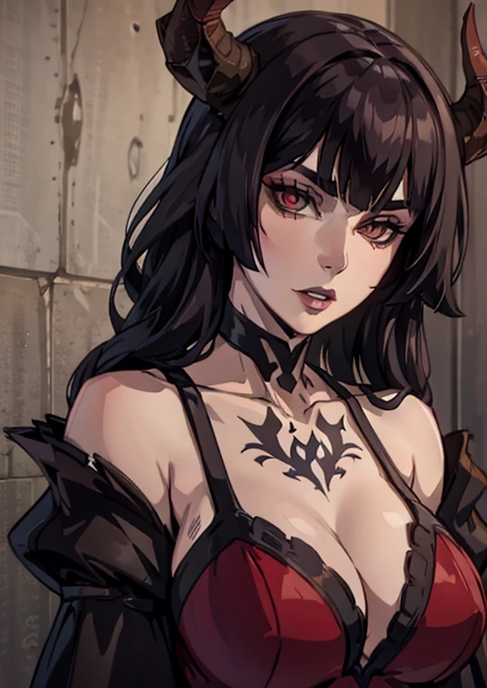 masterpiece, best quality, Eliza, vampire, face portrait, beautiful, horns