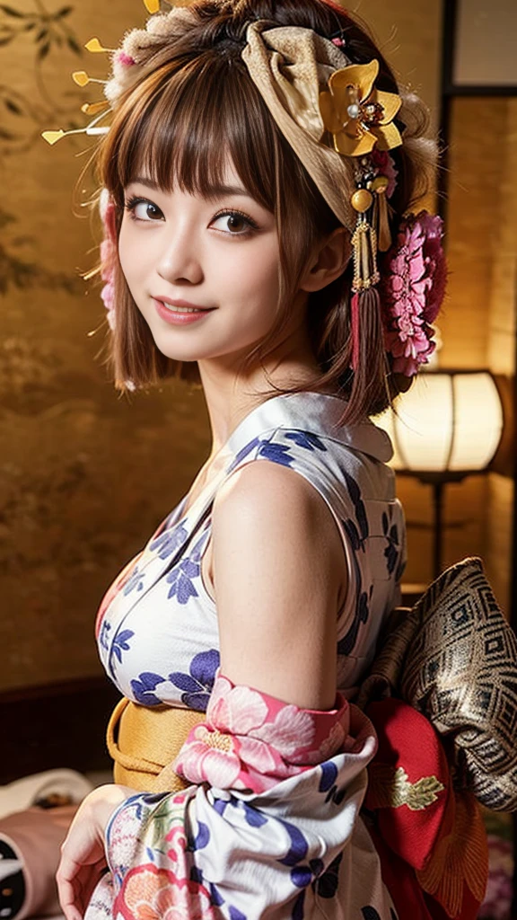 (One Girl), Very cute face, Great face and eyes, (Highly detailed eyes, Highly detailed face), Fresh, Very beautiful appearance, (超Realistic, High resolution), (Highest quality:1.4), RAW Photos, (Realistic, Photorealistic:1.37), Professional photography, (Floral Yukata:1.5), (Open yukata), (Cleavage:1.2), (Exposing shoulders), Laugh a little, (look at me), Bedroom, Portrait of a Girl,