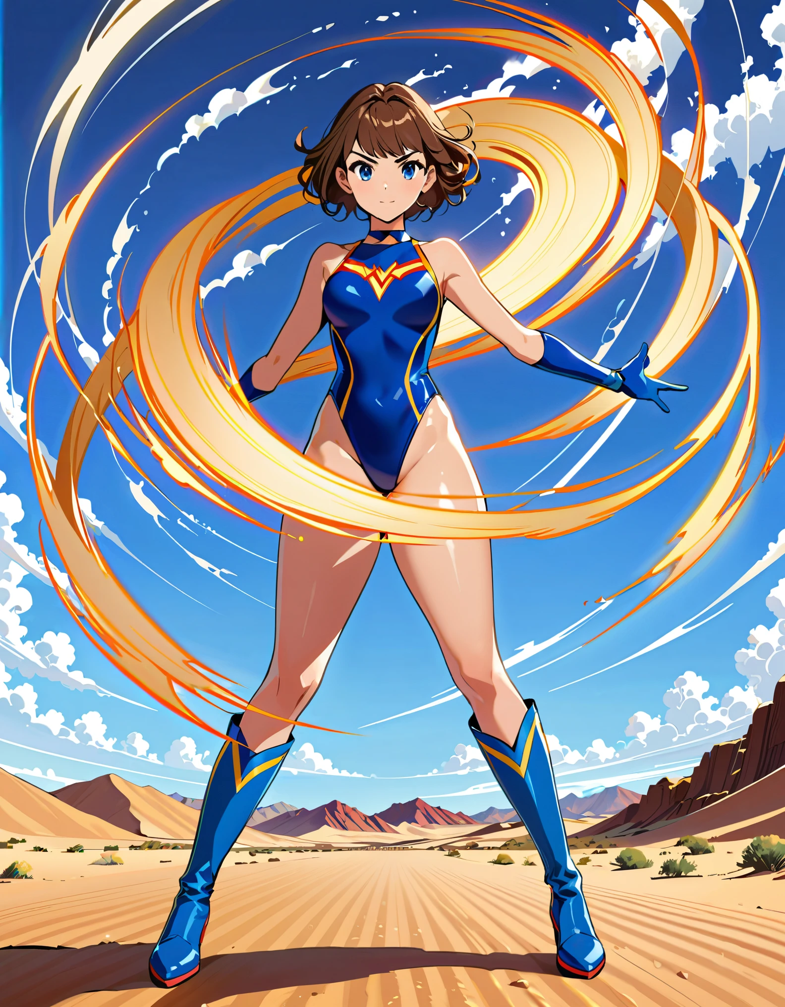 (masterpiece), (best quality), (high res), highly detailed, professional, 1girl, tall body, wonder, superhero, blue choker, blue eyes, blue footwear, blue gloves, matching boots, (blue leotard, competition swimsuit, elastic sleeves), medium breasts, brown hair, knee boots, short hair, bob hair, solo, determined, full body, college-age female, cowboy shot, full body costume design. desert backdrop. (T-pose, standing straight, (legs together)). (spins fast in place like a tornado, whirls fast in place like a tornado, tornado whirling, spiral lines around her, spinning energy pulse around her, storm winds around her, whirls into a tornado, (she whirls) in (super speeds)). full body costume design. curved sword slash. she super-spins.
