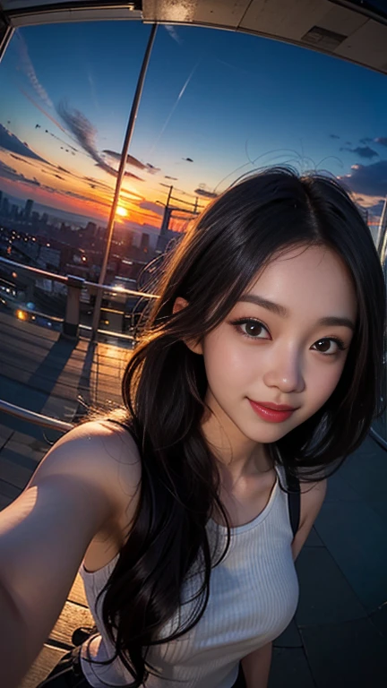 One girl, Korean, Fisheye Lens, Selfie, Wind, Messy Hair, sunset, Cityscape, (Aesthetics and atmosphere:1.2),smile