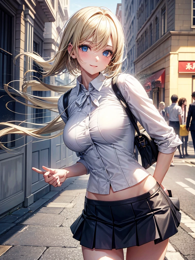 Anime style, super fine illustration, highly detailed, beautiful detailed, pale tone image, static representation, gentle expression, 8k, pretty 1girl with blonde straight short hair & blue eyes & a bright smile & full bust & soft fair skin is wearing big white business shart not to show her skin & black tight skirt & 1business bag, on the business building street, in the morning, brilliant particles of lights, romantic stories, solo, perfect 5fingers, perfect arms, perfect legs, masterpiece.