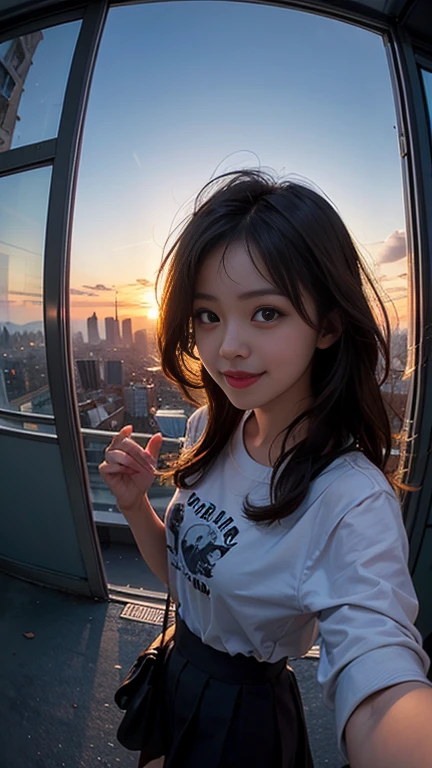 One girl, Korean, Fisheye Lens, Selfie, Wind, Messy Hair, sunset, Cityscape, (Aesthetics and atmosphere:1.2),smile