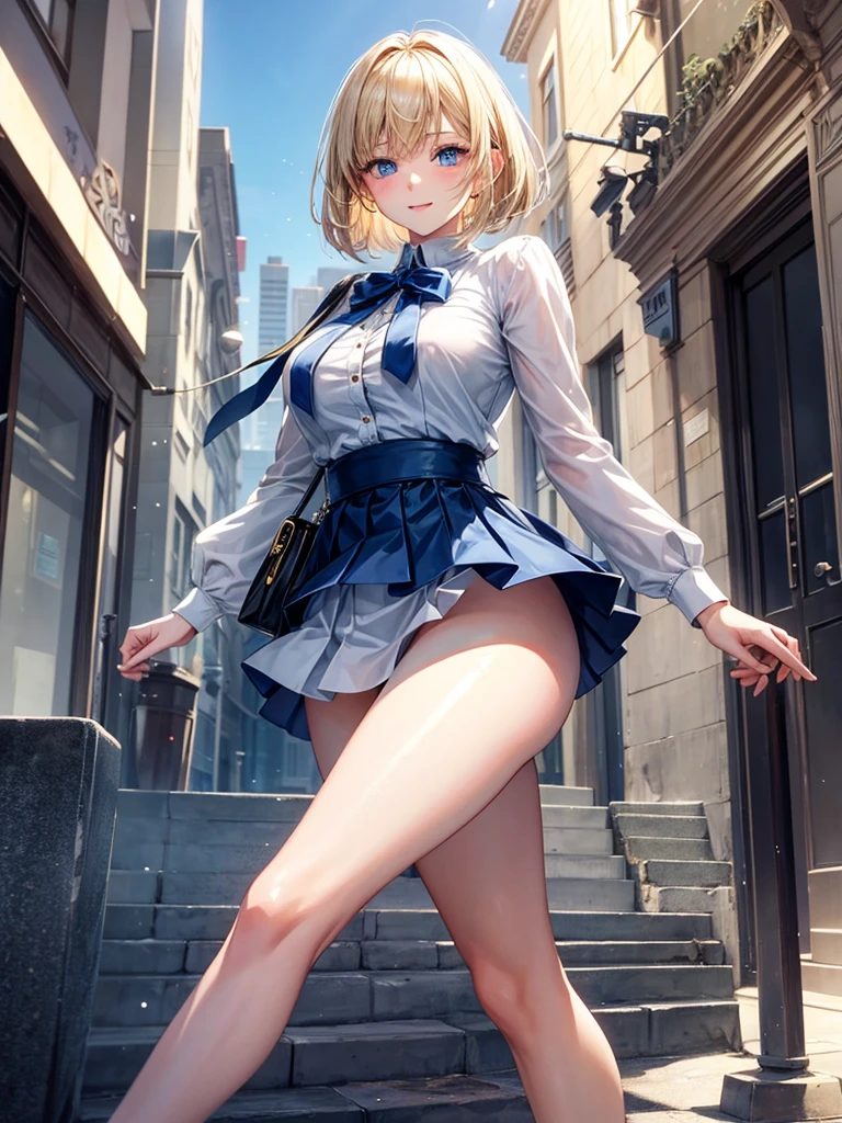 Anime style, super fine illustration, highly detailed, beautiful detailed, pale tone image, static representation, gentle expression, 8k, pretty 1girl with blonde straight short hair & blue eyes & a bright smile & full bust & soft fair skin is wearing big white business shart not to show her skin & black tight skirt & 1business bag, on the business building street, in the morning, brilliant particles of lights, romantic stories, solo, perfect 5fingers, perfect arms, perfect legs, masterpiece.