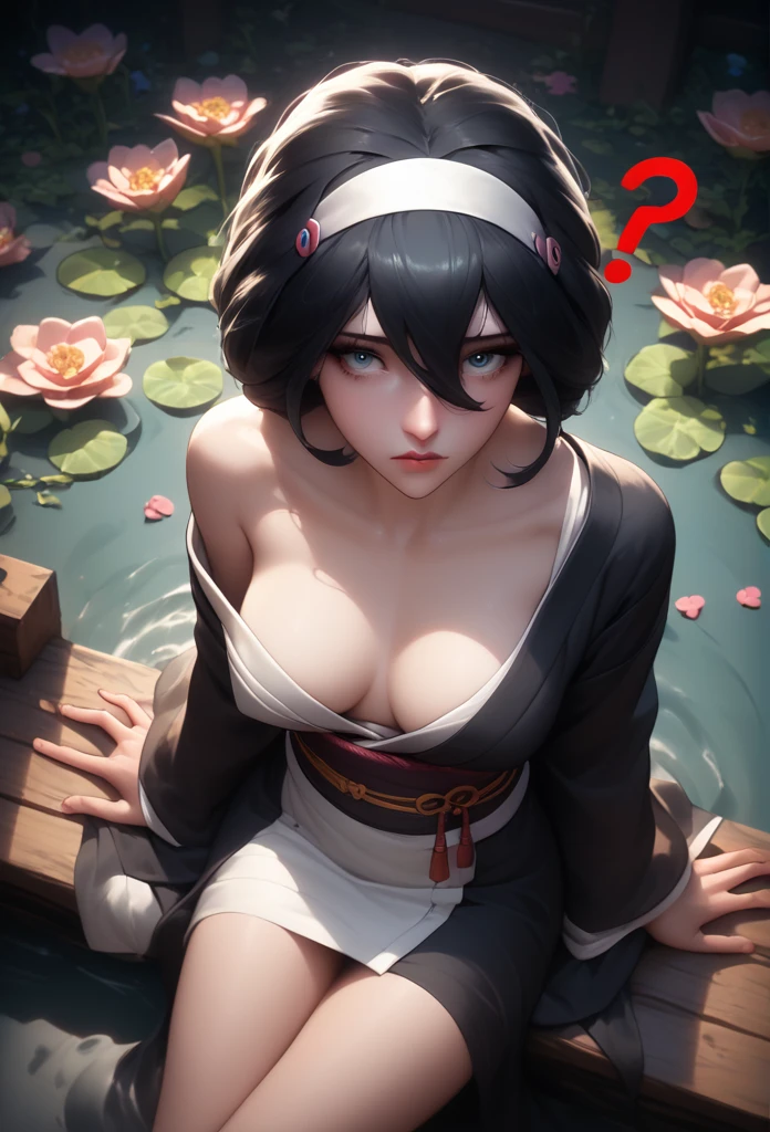 Inocente girl (asura art style:0.7), punctuation_9, punctuation_8_High above, punctuation_7_High above, punctuation_6_High above, no censure, princess peat black hair, side block, white hairband, Eyes red, break (work of art:1.2), best qualityer, high resolution, (detailedeyes:1.3), perfect lighting, (perfect hands, Perfect Anatomia), breasts big, a beautiful woman, kimono, bare one shoulder, Heart, sitting down, front viewer, Tori, flowers, Thu, fog, hand sHigh aboveport,