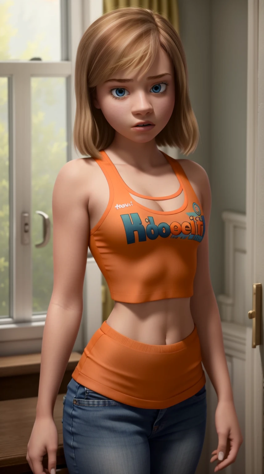 women, ((masterpiece, Best Quality)), full body view, bursting very big breasts, detailed skin, Riley Andersen  as a hooters girl, mermaids white and orange tight clothing, Bermuda, fitted crop top,  Very detailed, cinematic lighting, ultra realistic, blush, looking at the viewer, Riley Andersen from the movie Inside Out 