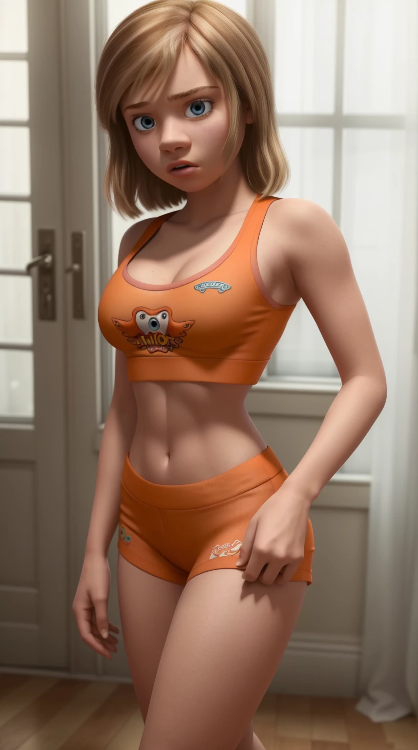women, ((masterpiece, Best Quality)), full body view, bursting very big breasts, detailed skin, Riley Andersen 13 years old as a hooters girl, mermaids white and orange tight clothing, Bermuda, fitted crop top,  Very detailed, cinematic lighting, ultra realistic, blush, looking at the viewer, Riley Andersen from the movie Inside Out 