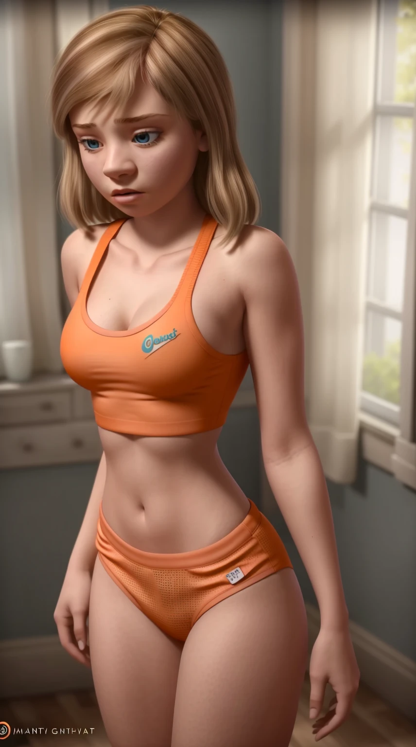 women, ((masterpiece, Best Quality)), full body view, bursting very big breasts, detailed skin, Riley Andersen  as a hooters girl, mermaids white and orange tight clothing, Bermuda, fitted crop top,  Very detailed, cinematic lighting, ultra realistic, blush, looking at the viewer, Riley Andersen from the movie Inside Out 