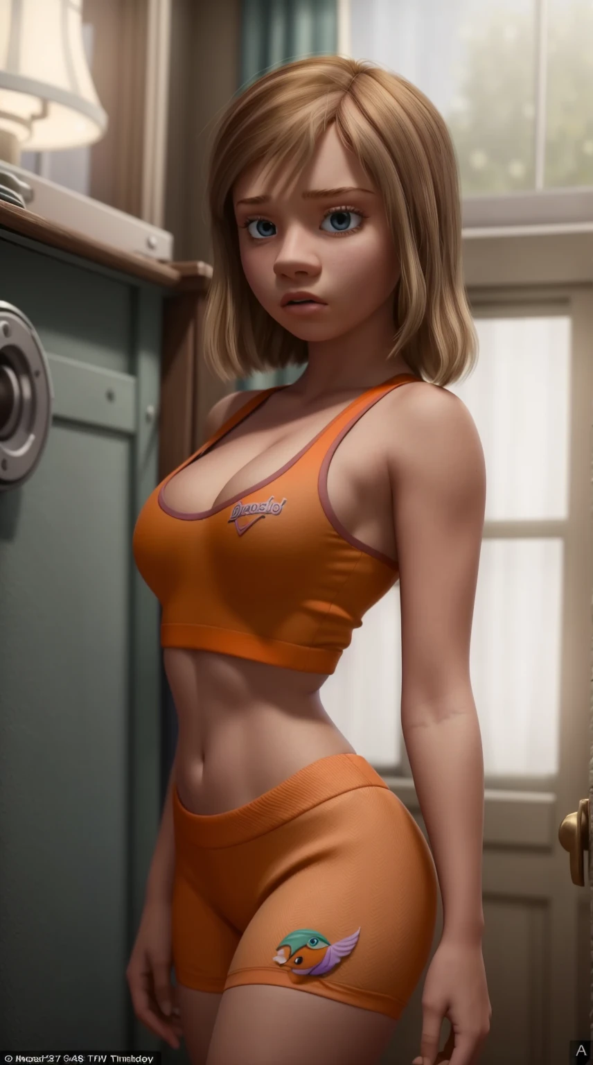 women, ((masterpiece, Best Quality)), full body view, bursting very big breasts, detailed skin, Riley Andersen 13 years old as a hooters girl, mermaids white and orange tight clothing, Bermuda, fitted crop top,  Very detailed, cinematic lighting, ultra realistic, blush, looking at the viewer, Riley Andersen from the movie Inside Out 