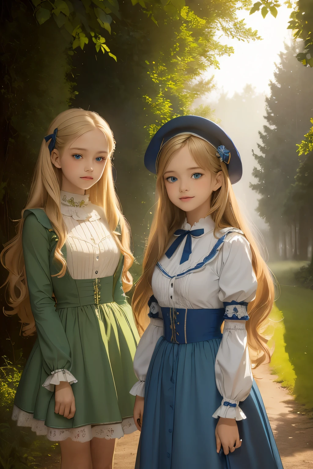 two girls, night, moon, starry sky, (masterpiece、highest quality、highest quality、Official Art、Beautiful and beautiful:1.2)、(One girl:1.3)Hatsune Miku、Twin tails,Beautiful breasts,wide angle, detailed reproduction of a forest surrounded by fog up to a height of one meter. clear starry sky, bare trees, winter, two girls, (Virginia Otis, ************ (blond hair, blue eyes)) pose with (************ Georgie Gerald (blond hair, green eyes)). Victorian style. thin, cute face, walks at night in Canterville Castle (inspired by the novel The Canterville Ghost). aged 1887, Victorian fantasy
