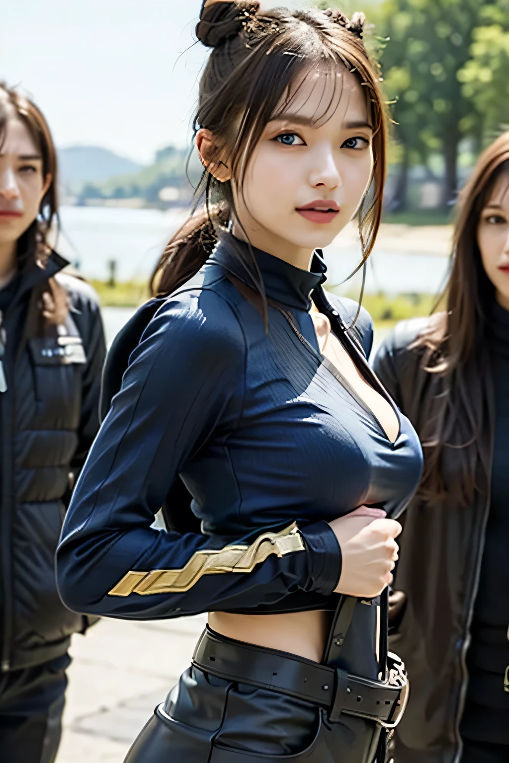 8k,A female adventurer from another world,so beautiful(Like the real thing),Adult woman in leather armor、((Woman with brown double bun hair,blue eyes:1.4)),((Woman holding a long spear:1.5))、Brown combat trousers,Dagger on hip,Walking in mountainous areas,Perfect Face,Perfect hand shape,charm,Volume measurement,Body balance,超High resolution,super Realistic skin,Digital single-lens reflex camera, Soft lighting, high quality, Highly detailed face, Highly detailed eyes, highly detailed skin, skin, Scattered beneath the surface of the water, Highly detailed face, Highly detailed eyes, Beautiful expression, lip, Detailed Background, Written boundary depth, Small breasts、Volumetric lighting, Sharp focus, Absurd, Realistic proportions, Excellent anatomy, (Realistic, 超Realistic:1.4), 16k hdr, dawn,High resolution,super Realistic skin,super Beautiful expression,Fantasy art,Character Art,Dynamic pose,Compensate,Brown cloak,Carrying large luggage on your back,