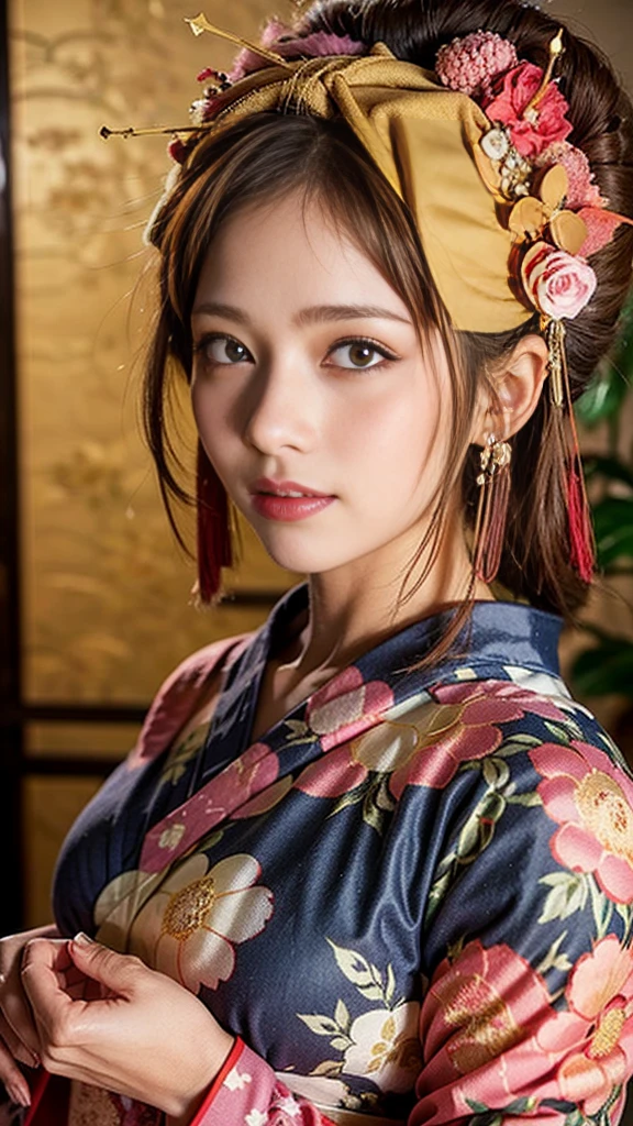 (One Girl), Very cute face, Great face and eyes, (Highly detailed eyes, Highly detailed face), Fresh, Very beautiful appearance, (超Realistic, High resolution), (Highest quality:1.4), RAW Photos, (Realistic, Photorealistic:1.37), Professional photography, (Floral Yukata:1.5), (Open yukata), (Cleavage:1.2), (Exposing shoulders), Laugh a little, (look at me), Bedroom, Portrait of a Girl,