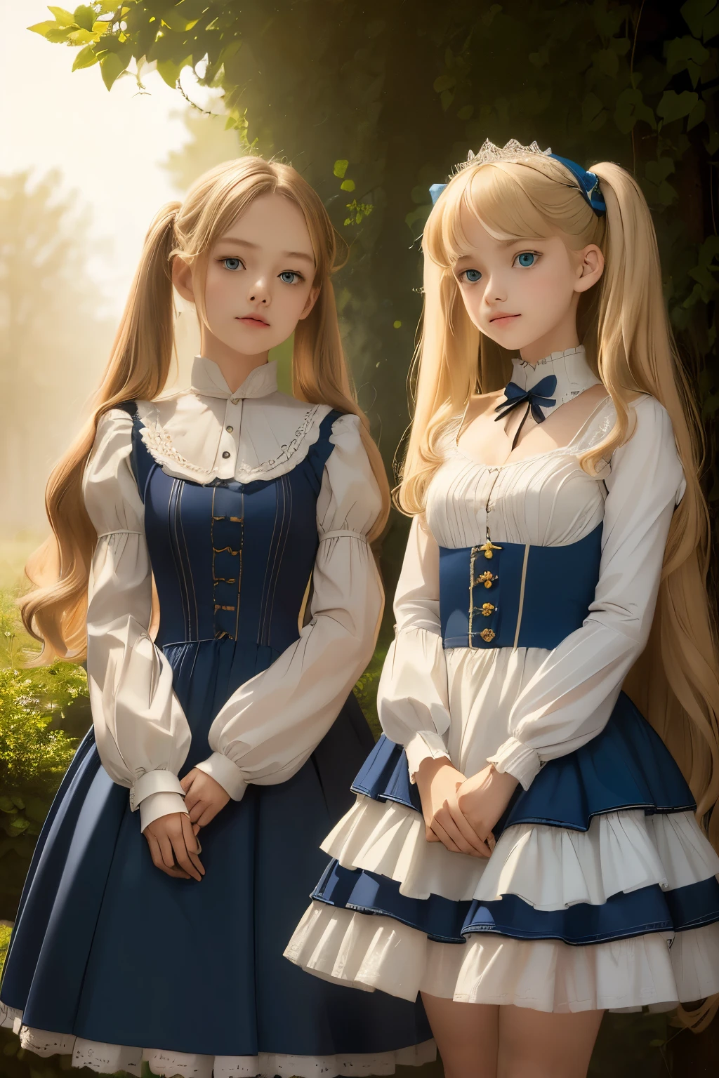 two girls, night, moon, starry sky, (masterpiece、highest quality、highest quality、Official Art、Beautiful and beautiful:1.2)、(One girl:1.3)Hatsune Miku、Twin tails,Beautiful breasts,wide angle, detailed reproduction of a forest surrounded by fog up to a height of one meter. clear starry sky, bare trees, winter, two girls, (Virginia Otis, 15 years old (blond hair, blue eyes)) pose with (16 years old Georgie Gerald (blond hair, green eyes)). Victorian style. thin, cute face, walks at night in Canterville Castle (inspired by the novel The Canterville Ghost). aged 1887, Victorian fantasy
