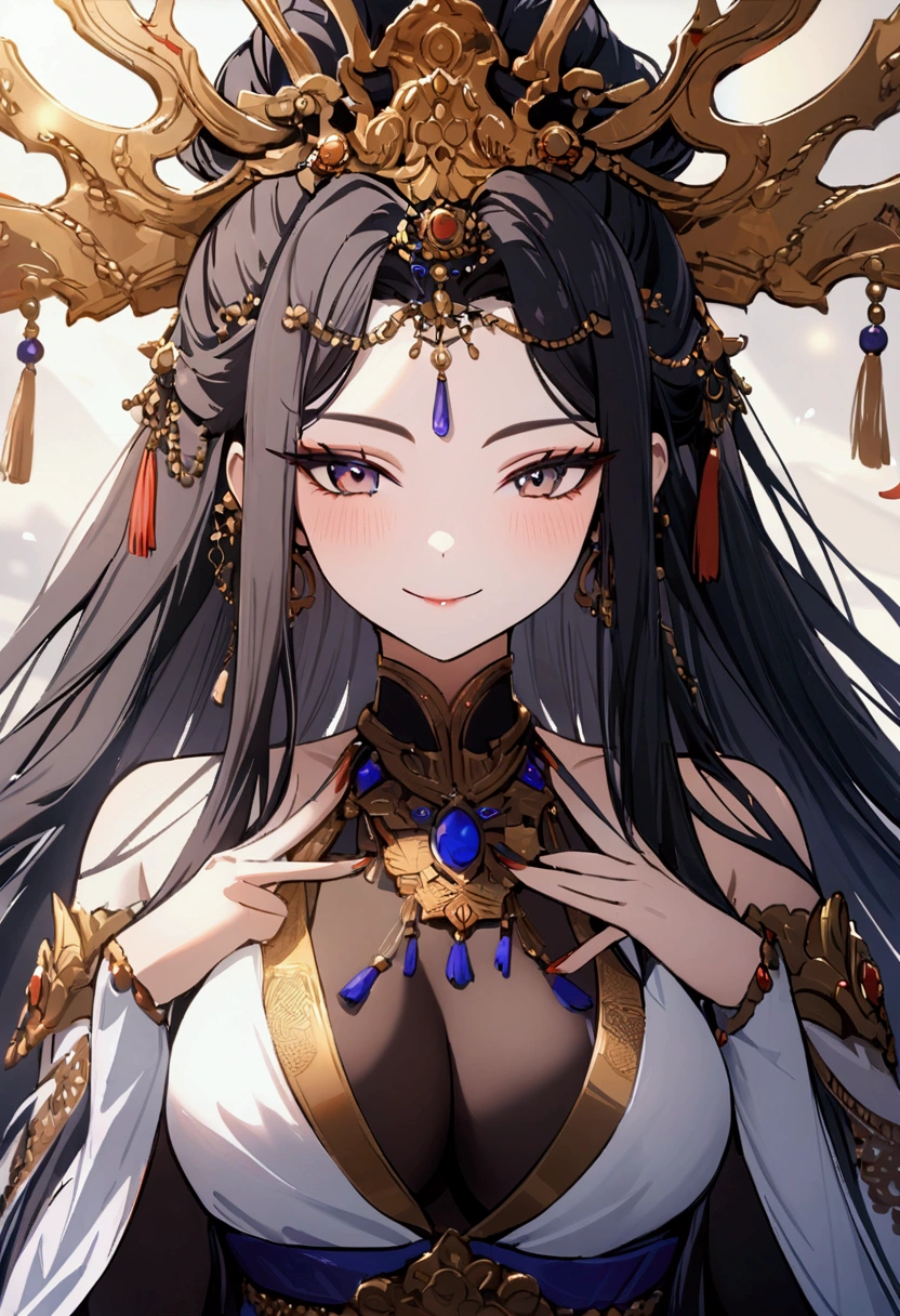 (full HD 4k quality) 1 girl, Brazilian Empress, jewelry, Captivating smile, raven hair