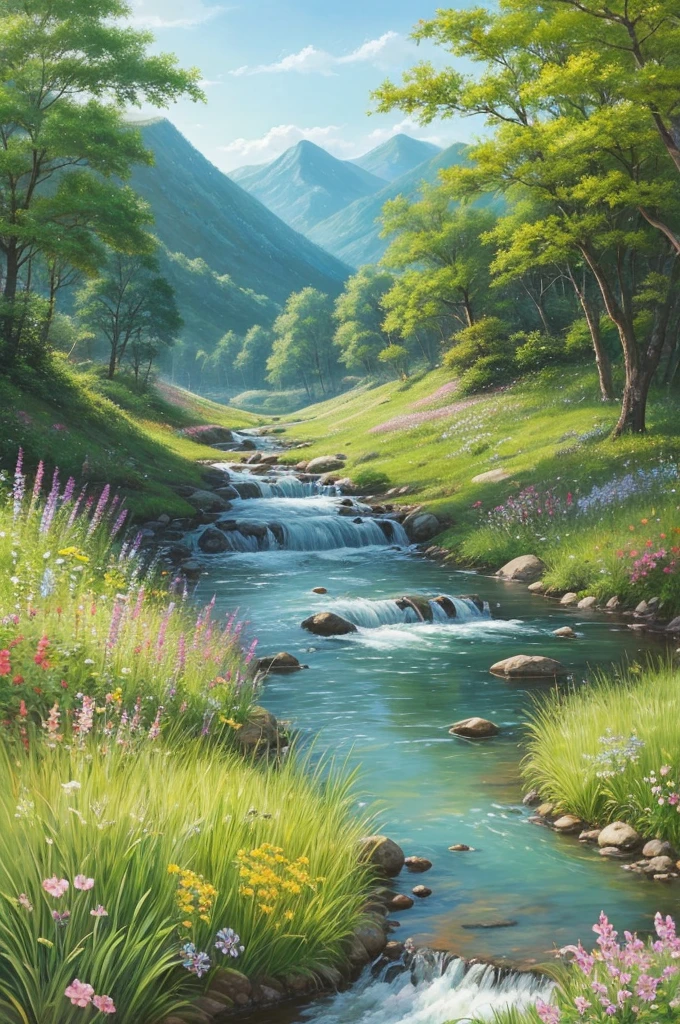Landscape painting、A refreshing and natural grassland、I can see a forest or mountain in the distance、A very small stream in front、flower々is in full bloom、Clear skies、