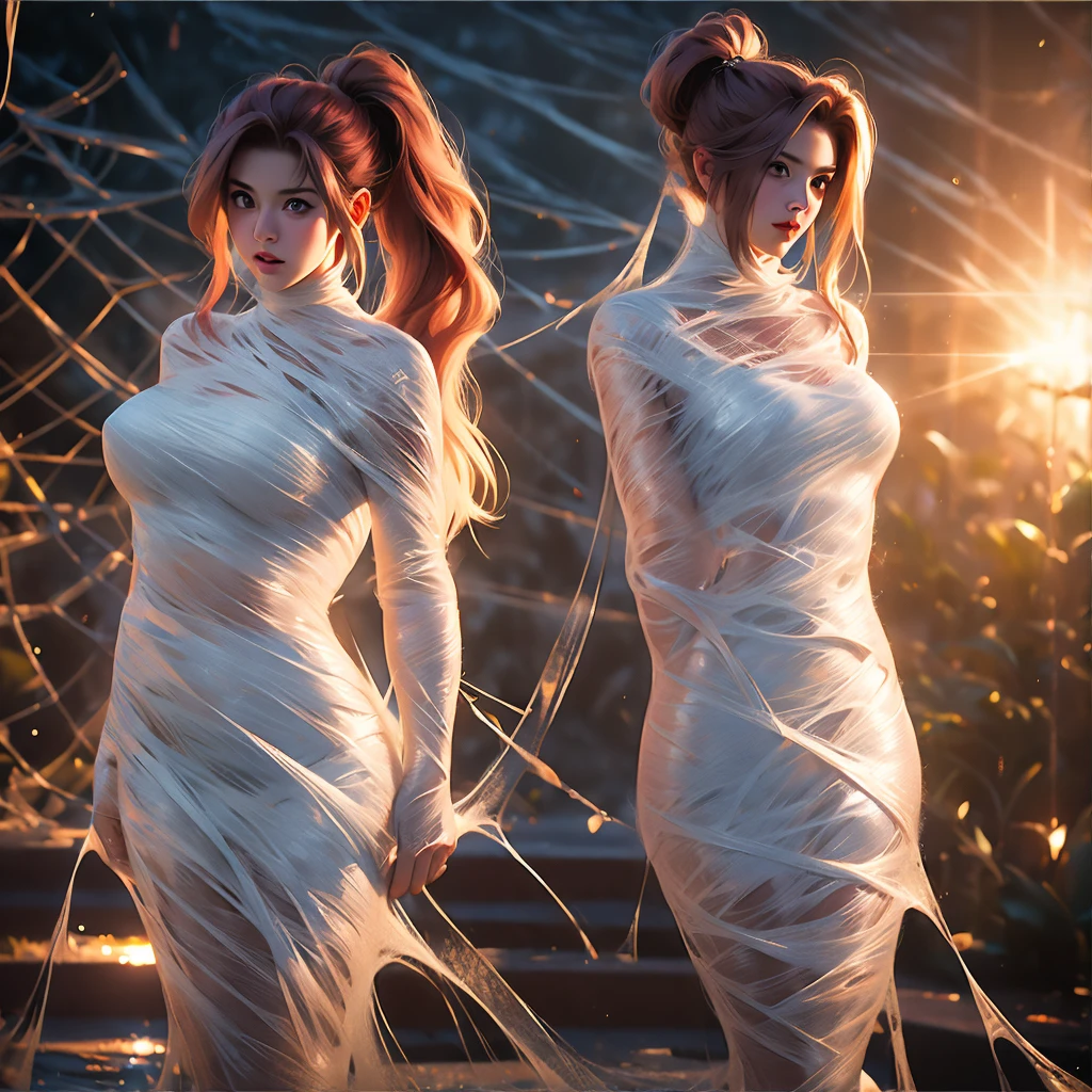 (RAW Photo, Best Quality), (Realistic, Photo Realistic: 1.3), Best Quality, Highly Detailed, Masterpiece, Hyperdetail, Illustration, 1 Girl, upper_body, Dynamic Angle, World Masterpiece Theater, Ore no Imoto ga konna ni kawaii wake ga nai, 25-yers-old girl with crimson red hair- pulled up into twin ponytails, wearing a latex mini dress with the city lights in the background sexy pose, standing, hands on hips, Best Quality, Extremely Detailed CG Unified 8k Wallpaper, Ink, Amazing, Cinematic Lighting, lens flare, sexy pose, (cocoon:1.3), spider web