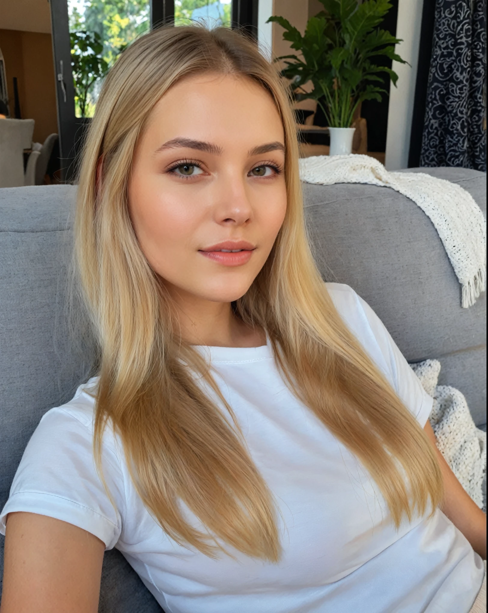 Arafed woman with long blonde hair sitting on a sofa, Anastasia Ovchinnikova, without makeup, beautiful young model, 18 years, Instagram Template, Leaked image, 