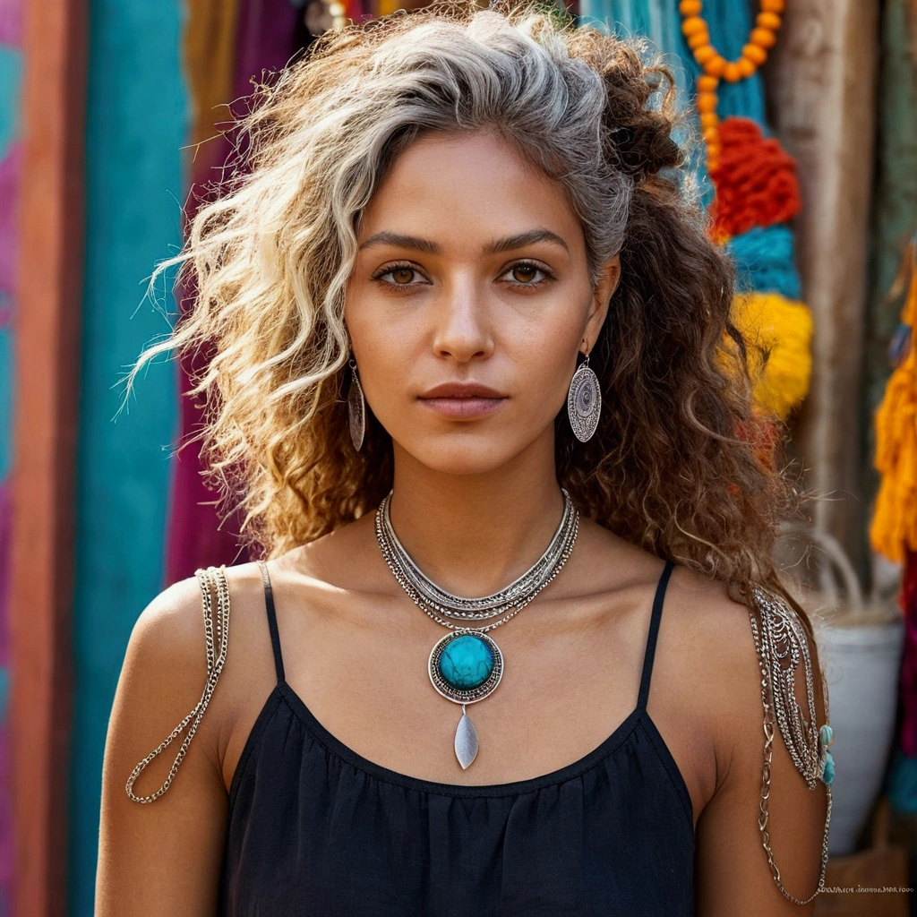Create a realistic portrait of a woman with a playful expression, adorned in a boho-chic ensemble. Set the scene in a colorful and eclectic urban market, capturing the vibrant energy of the surroundings using small silver chain necklace