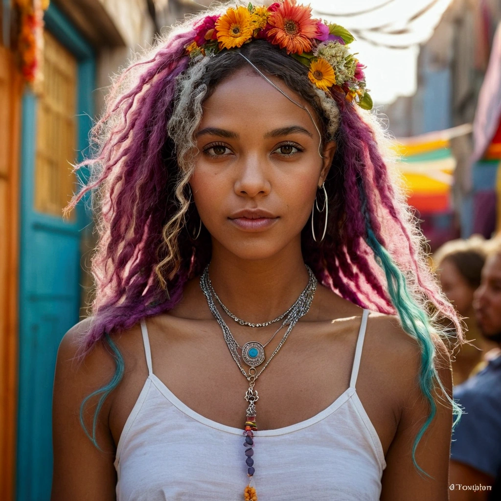 Create a realistic portrait of a woman with a playful expression, adorned in a boho-chic ensemble. Set the scene in a colorful and eclectic urban market, capturing the vibrant energy of the surroundings using small silver chain necklace