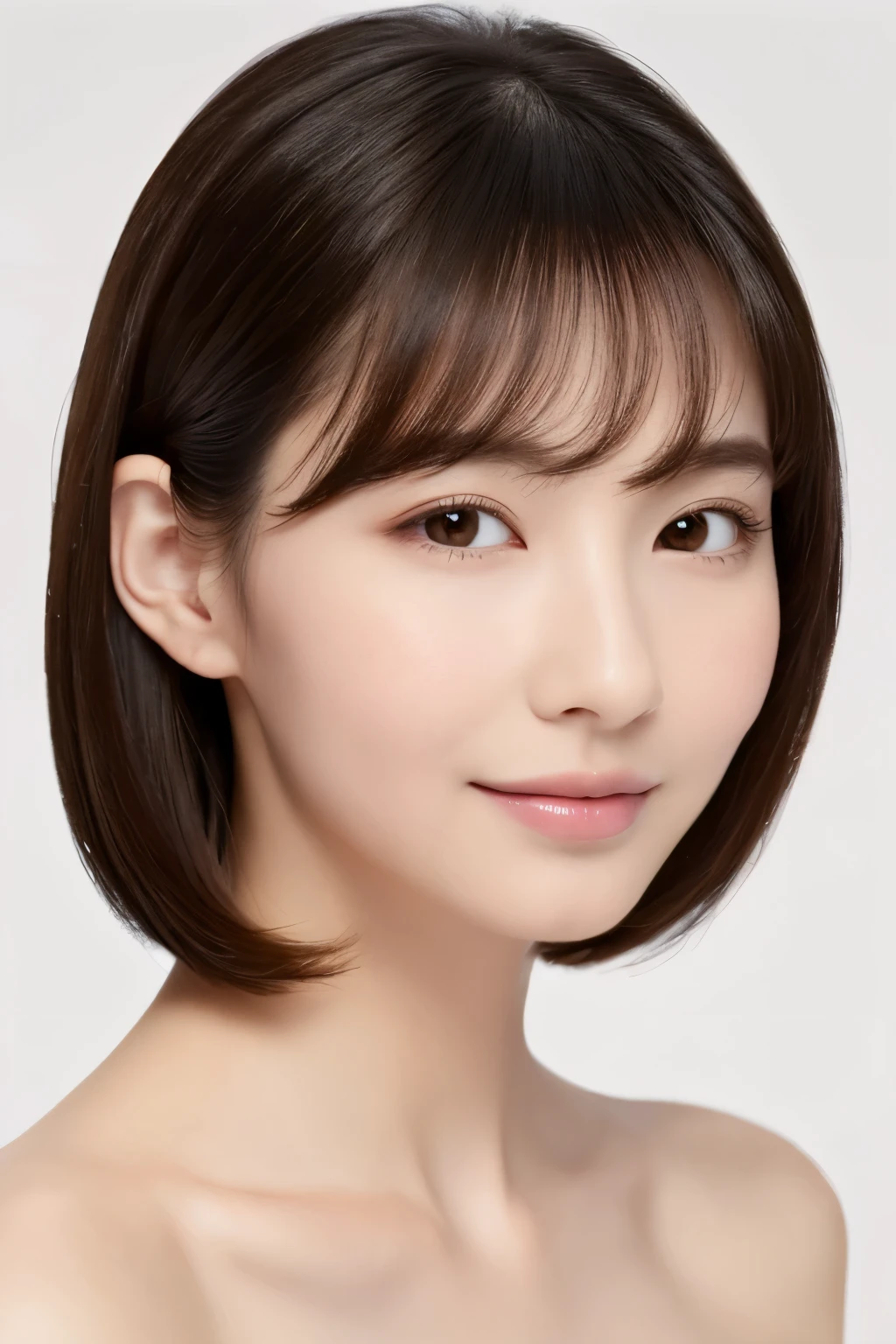 ((masterpiece, top quality, high definition)), 1 girl, (photorealistic: 1.4), solo, white background, snow-white background, mouth closed, happy smile, pretty black hair, short hair, big eyes, clear double eyelids, eyelashes, ears out, absolute area, ((face close-up)), (drawing all head, shoulders), 35 years old, Attractive proportions, glossy skin, clean collarbone, face in golden proportion, perfect face, teardrop mole, mole on chest, bangs, clean bangs, beautiful bangs, lip gloss, thin lips, pale skin, naked, small breasts, small face, head all drawn, shoulders all drawn, staring at the camera slightly upwards