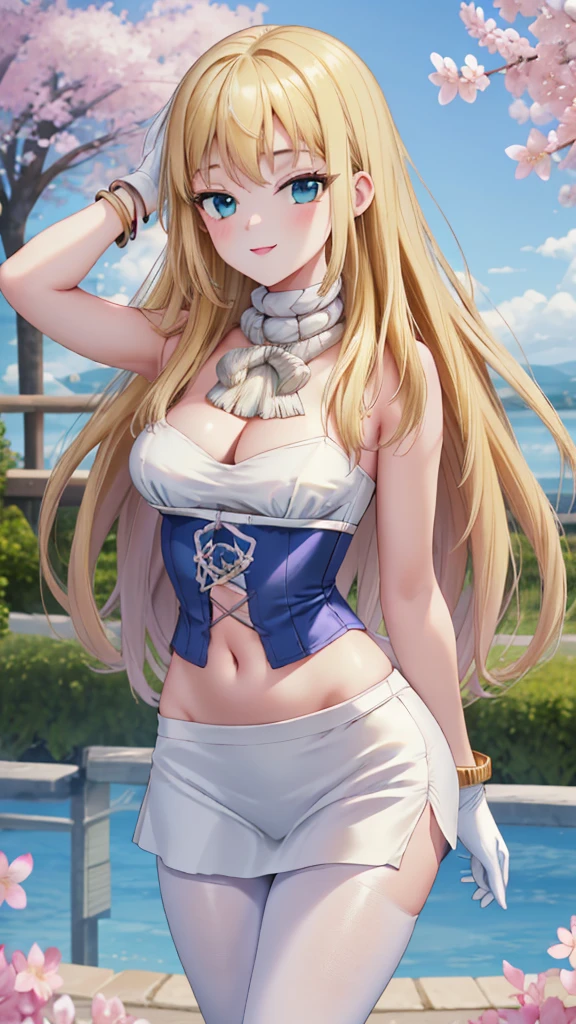 realisitic, foto realisitic, cowboy shot, work of art, absurderes, (colorfully), 1 girl, , 1, 62 HIGH, 56 kilos, Ruri, forehead mark, hair blonde, tight detailed white miniskirt half up, sexy navel showing, crotch, bracelet, blue mini blouse with sensual neckline connected to a sexy wide collar without bra, corset, shoulders exposed with long white gloves, looking ahead at viewer, Ruddy face, ssmile, Cherry blossoms, private garden, Tuuli, floating hair, Medium chest, slim and sexy waist, (((medium hips))), Corpo sexy, detailedeyes, dynamic pose, Full-body image, 4K, High Definition Full Hd, super resolution, generate extremely detailed image down to the smallest details, white pantyhose on without panties