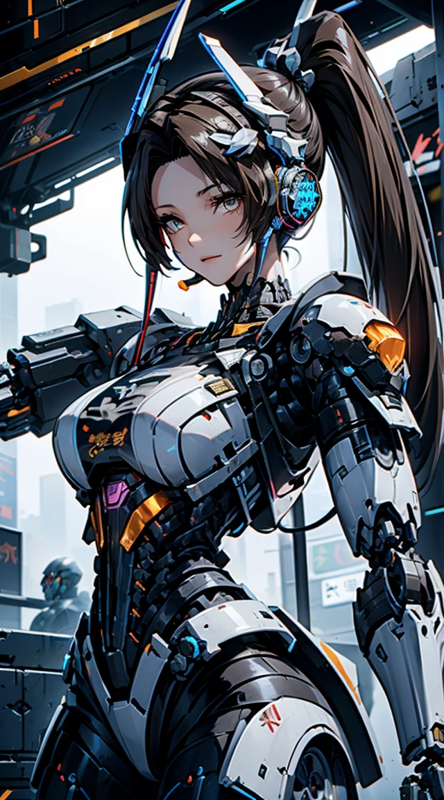 (head shot:1.6)、Very detailed, Advanced Details, high quality,  High resolution, 1080P, hard disk, beautiful,(War Machine),Armor War,((He has a machine gun in each hand:1.5)),((Dynamic pose:1.3))、(attack posture:1.3)、beautiful,Mecha Cyborg Girl,BATTLE MODE,Mecha Body Girl,She is wearing a futuristic War Machine weapon mecha、(((Mechanical Headgear:1.3)))、(((Cyber Headphones:1.3)))、Close-up of a woman in a futuristic suit, Girl wearing mecha cyber armor, Cyberpunk Anime Girl Mecha, Female Mecha, perfect Anime Cyborg woman, Anime Cyborg, Mech Suit, Anime Mecha Armor, アニメMecha aesthetics, Girl in Armor, beautiful少女サイボーグ, Mecha aesthetics, Japanese Cyborg, Cyber Suit, Cyber Japan style armor、((High ponytail:1.3))、