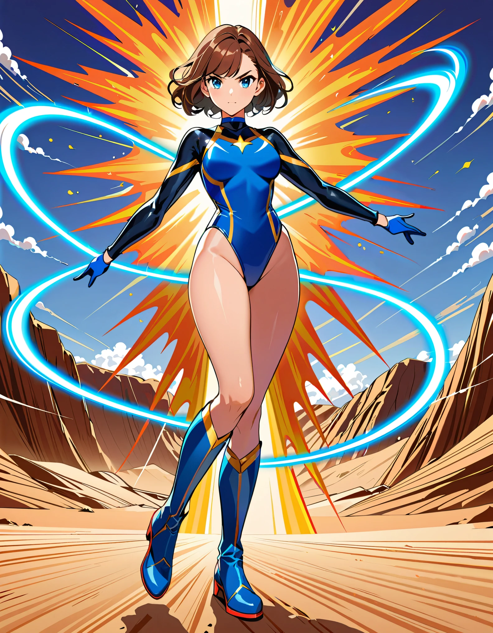 (masterpiece), (best quality), (high res), highly detailed, professional, 1girl, tall body, wonder, superhero, blue choker, blue eyes, blue footwear, blue gloves, matching boots, (blue leotard, competition swimsuit, elastic sleeves), medium breasts, brown hair, knee boots, short hair, bob hair, solo, determined, full body, college-age female, cowboy shot, full body costume design. desert backdrop. (T-pose, standing straight, legs together). (spins fast in place like a tornado, whirls fast in place like a tornado, tornado whirling, spiral lines around her, spinning energy pulse around her, storm winds around her, whirls into a tornado, (she whirls) in (super speeds)). full body costume design. curved sword slash. she super-spins.