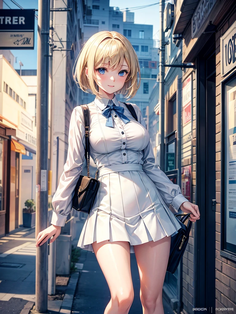Anime style, super fine illustration, highly detailed, beautiful detailed, pale tone image, static representation, gentle expression, 8k, pretty 1girl with blonde straight short hair & blue eyes & a bright smile & full bust & soft fair skin is wearing big white business shart not to show her skin & black tight skirt & 1business bag, on the business building street, in the morning, brilliant particles of lights, romantic stories, solo, perfect 5fingers, perfect arms, perfect legs, masterpiece.