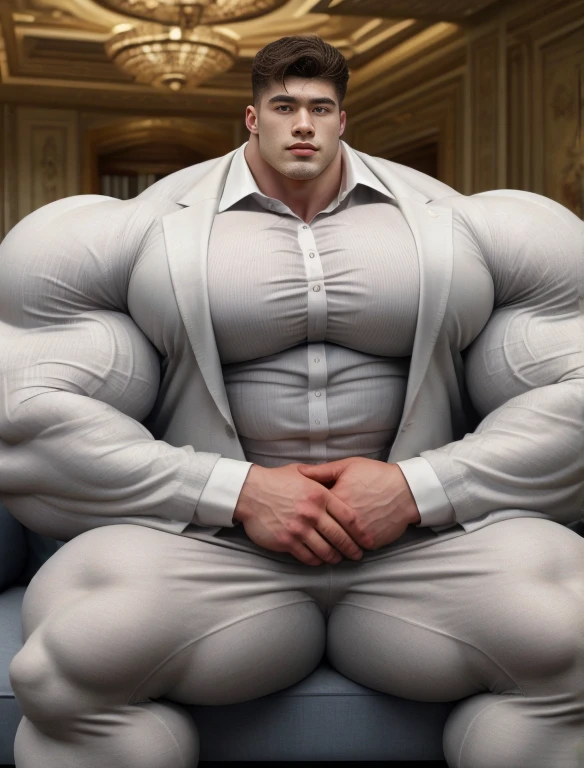 1boy, chinese, giant bodybuilder, illuminating light, strong body, bulk, large size, staring, sitting on the couch, in the white decoration room, professional, grey formal suit and pants, prominent bulge, extraordinary big, brutalmass, giant, muscular body, bulk, buff, massive body, large meaty body size, extremely wide body