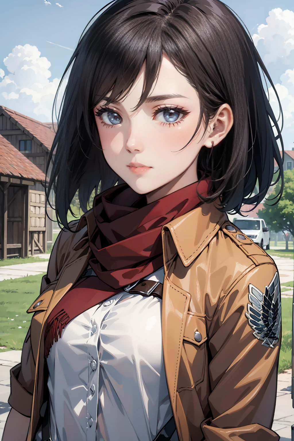 (masterpiece), best quality, expressive eyes, perfect face, looking at viewer, 1girl, solo, (upper body), mature female, white shirt, brown jacket, emblem, scarf, red scarf, (perfect breasts), muscular, black eyes, black hair, short hair, ((pasture)), (sky), hmmikasa