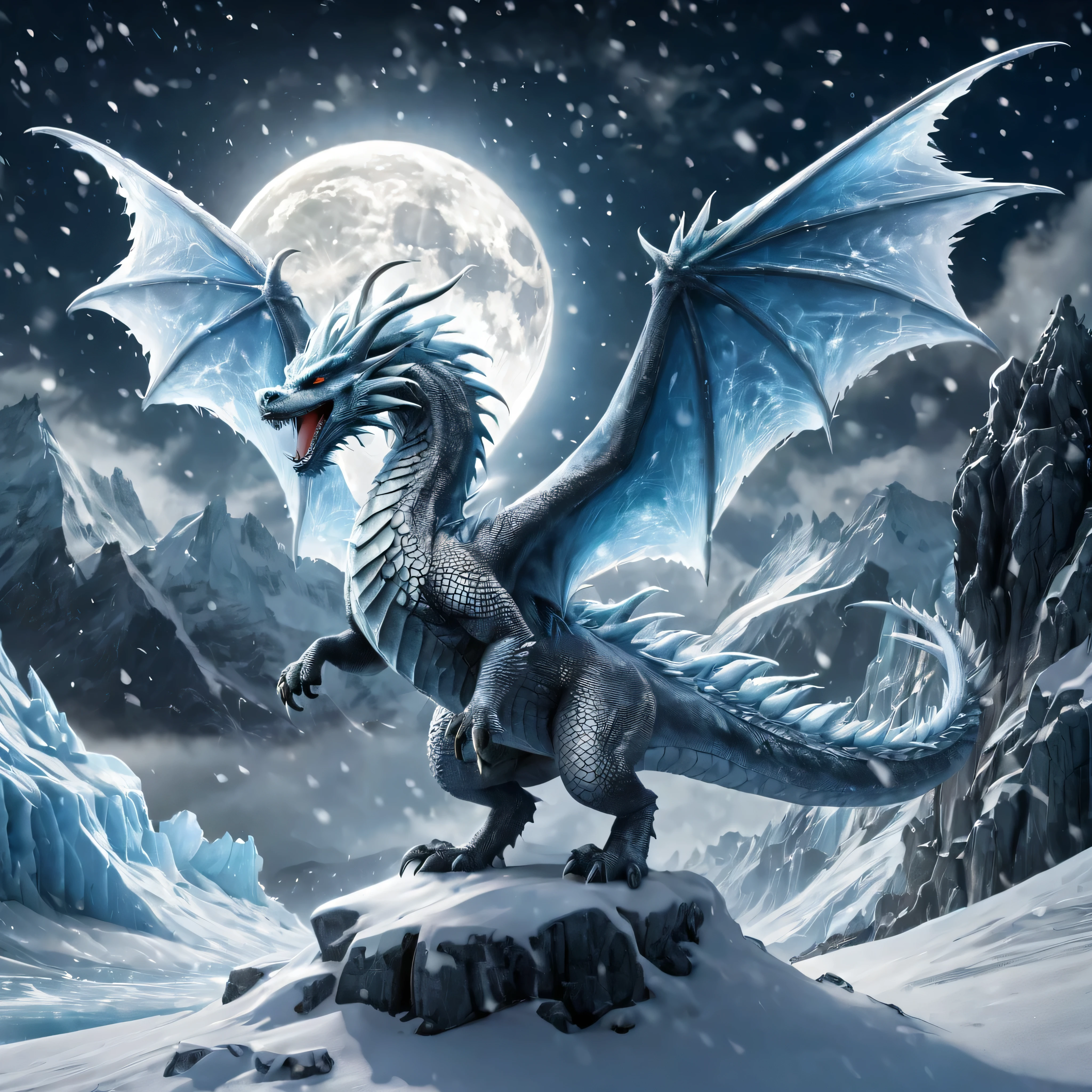 (A frost dragon with 2 wings flying through a blizzard), lots of clouds, (((high above the ground))), solo, lightning, clouds, ((snow)), BREAK, mystical creature, realistic, ultra detailed, dynamic pose, moonlit night, frozen glacier background