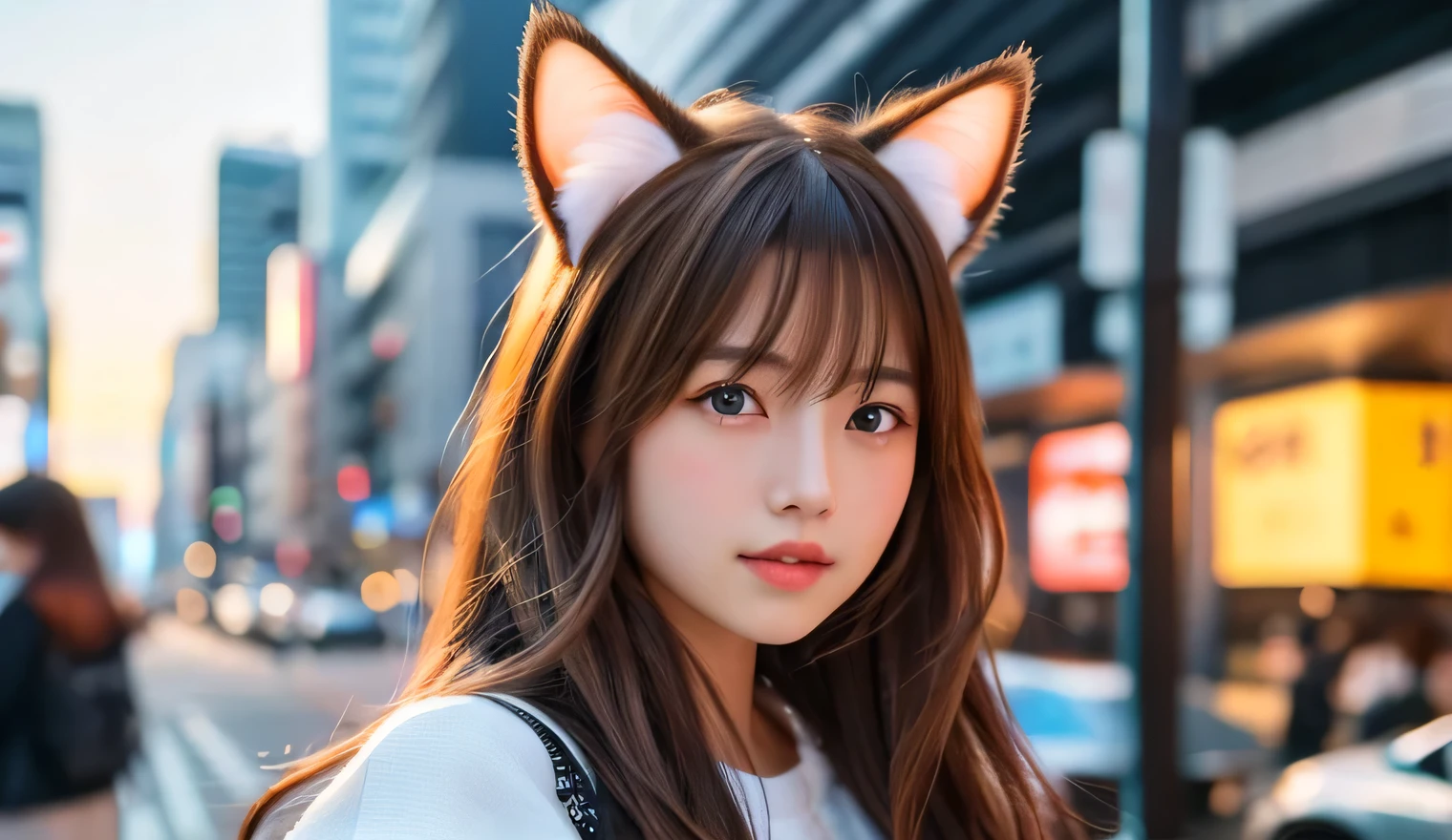 8k、highest quality、Like a real photo、masterpiece、Product quality, One girl,, Young and beautiful woman in Japan, Long Bob Hair, Attractive appearance,, High resolution, High detail, Detailed hairstyle, Detailed face, Spectacular movie lighting, Octane Rendering, Vibrant, Ultra-realistic, Perfect limbs, Perfect Anatomy、17 years old、Cat ears on the head、Her hair is light brown.、Cool clothes、The background is a cityscape、A human being who is a combination of a cat and a girl、Natural color lip、Attractive eyes、The color of the cat&#39;s ears is dark brown.、Eye color is blue、