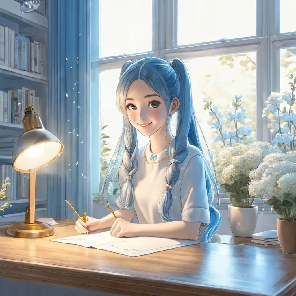 Light blue long hair、Beautiful girl with twin tails、 Desk lamp lighting, A bright, sunny room、White margaret flowers are displayed on the windowsill.、I am studying、Bright smile、Wooden desk, pencil, Note, Fine brushwork, Realistic style, perspective, 4K resolution、