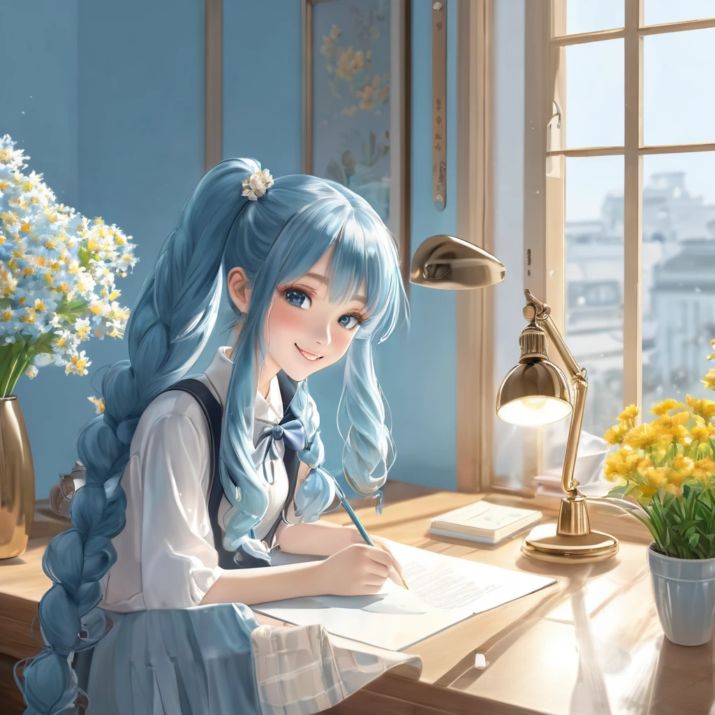 Light blue long hair、Beautiful girl with twin tails、 Desk lamp lighting, A bright, sunny room、White margaret flowers are displayed on the windowsill.、I am studying、Bright smile、Wooden desk, pencil, Note, Fine brushwork, Realistic style, perspective, 4K resolution、