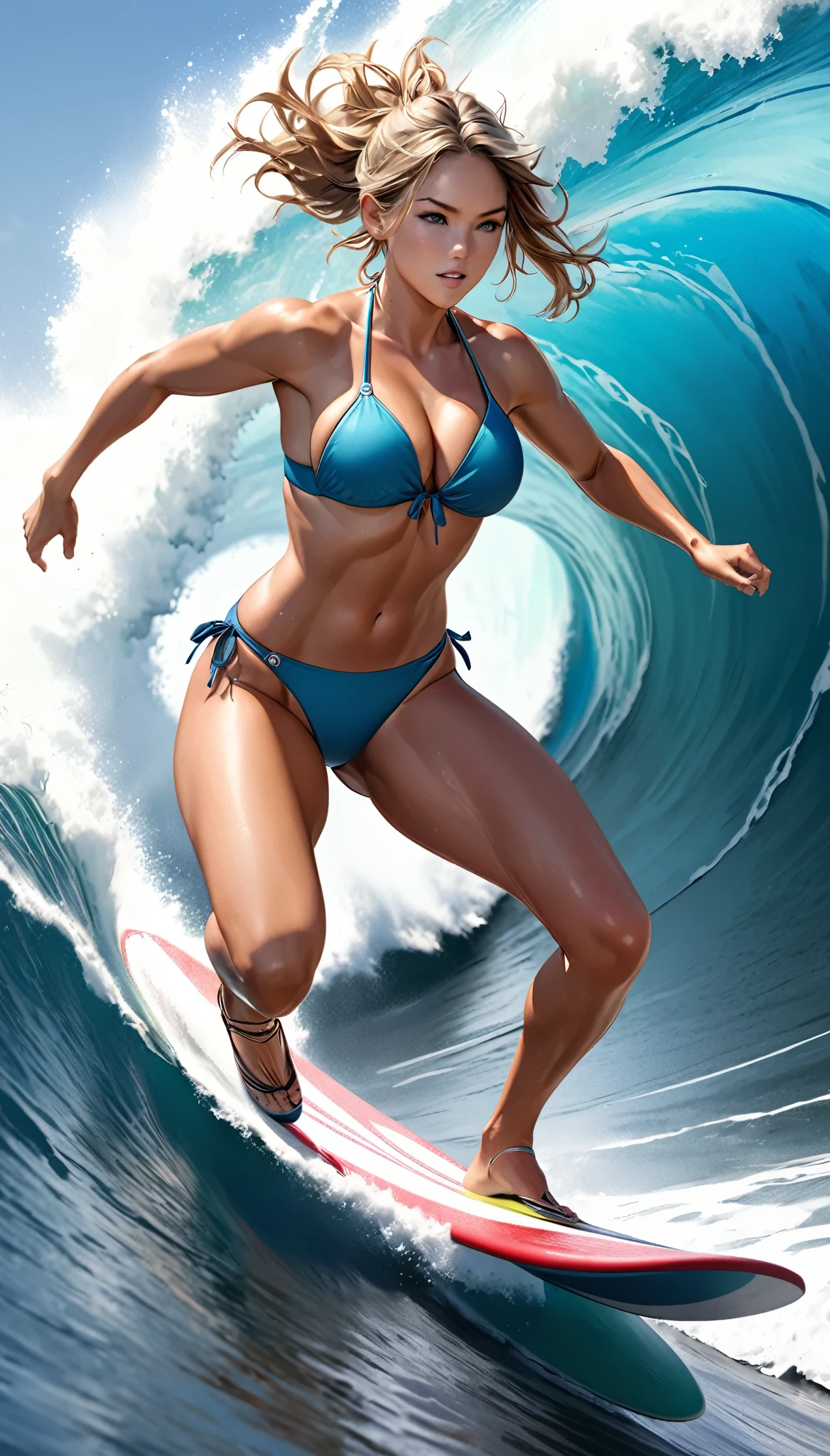 Ultra-realism, Attractive bikini figure, surfing, Dynamic configuration, Full Body Shot, ARW