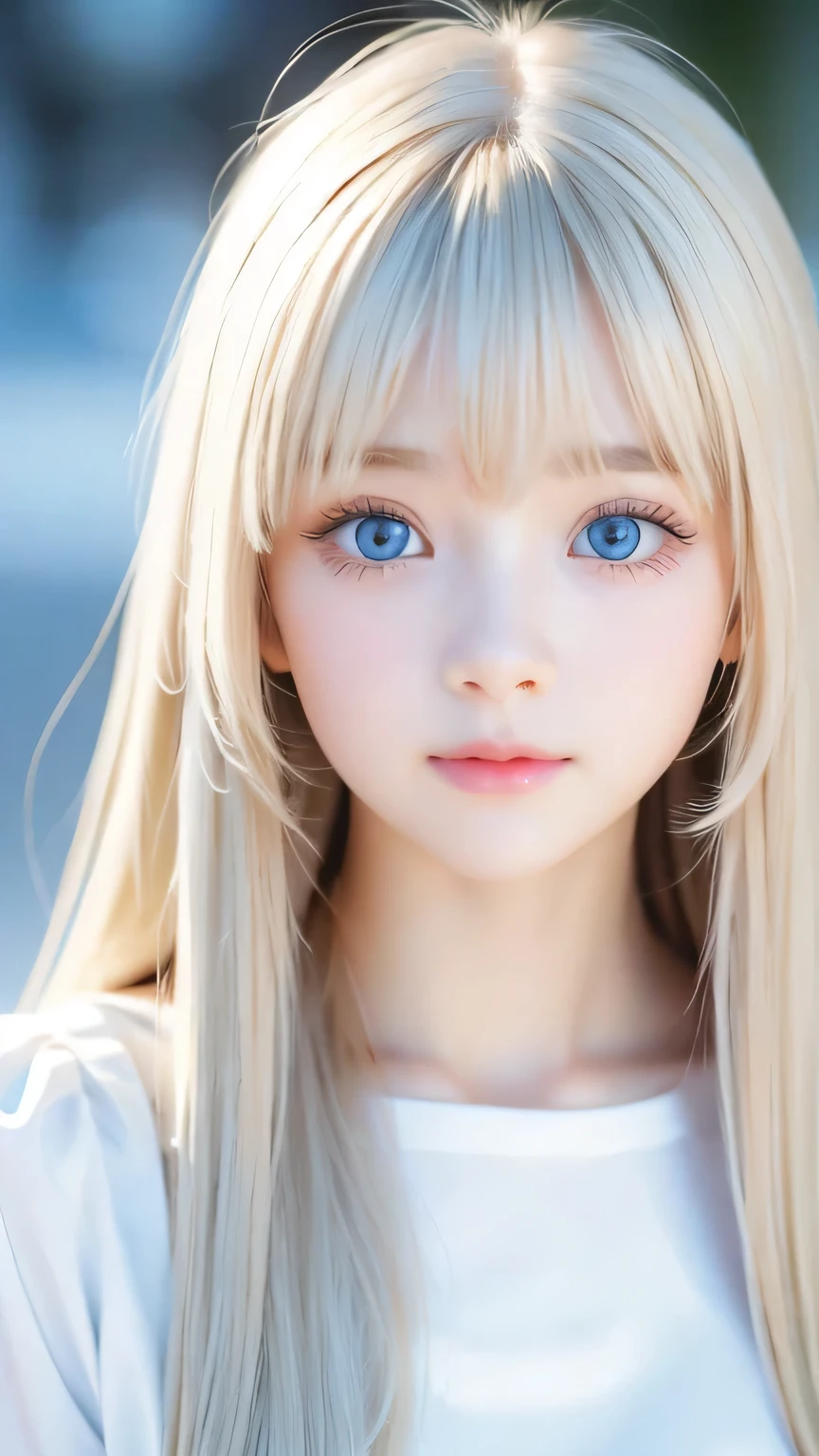 Very beautiful face、Long bangs flowing in front of the face、Beautiful pale light blue eyes hidden by her bangs、Very cute beautiful face and very radiant skin、Bangs between the eyes、snow-white beautiful skin、very beautiful pale light blue eyes,、Beautiful very long straight silky pale golden shiny natural platinum blonde hair、Cute 14 year old blonde beauty、Round face、Such a cute little face、Bright expression、Big eyes and well-defined double eyelids、eyeliner、