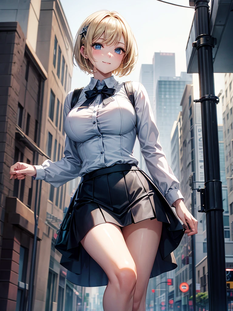 Anime style, super fine illustration, highly detailed, beautiful detailed, pale tone image, static representation, gentle expression, 8k, pretty 1girl with blonde straight short hair & blue eyes & a bright smile & full bust & soft fair skin is wearing big white business shart not to show her skin & black tight skirt & 1business bag, on the business building street, in the morning, brilliant particles of lights, romantic stories, solo, perfect 5fingers, perfect arms, perfect legs, masterpiece.