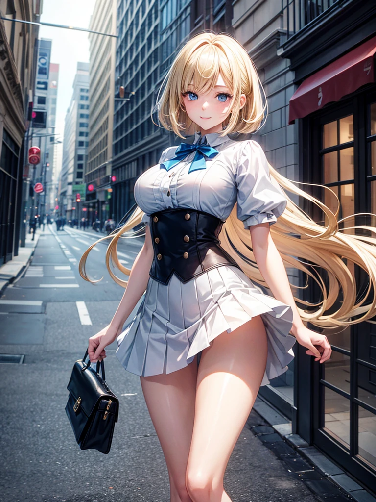 Anime style, super fine illustration, highly detailed, beautiful detailed, pale tone image, static representation, gentle expression, 8k, pretty 1girl with blonde straight short hair & blue eyes & a bright smile & full bust & soft fair skin is wearing big white business shart not to show her skin & black tight skirt & 1business bag, on the business building street, in the morning, brilliant particles of lights, romantic stories, solo, perfect 5fingers, perfect arms, perfect legs, masterpiece.