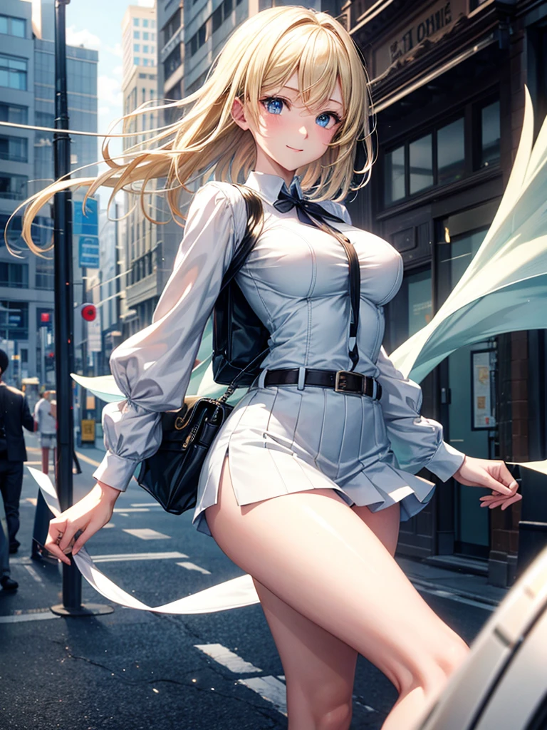 Anime style, super fine illustration, highly detailed, beautiful detailed, pale tone image, static representation, gentle expression, 8k, pretty 1girl with blonde straight short hair & blue eyes & a bright smile & full bust & soft fair skin is wearing big white business shart not to show her skin & black tight skirt & 1business bag, on the business building street, in the morning, brilliant particles of lights, romantic stories, solo, perfect 5fingers, perfect arms, perfect legs, masterpiece.