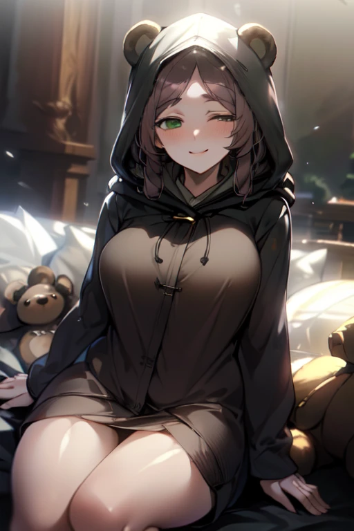 beautiful, (masterpiece), best quality, (extremely detailed face), extremely detailed eyes,  perfect lighting, OverallDetail, detailed, deep skin,textured skin,
,bear costume ,black bear costume, long sleeves, hood up,,mallow , long hair, green eyes, big smile,on bed ,sitting between pillows,
,