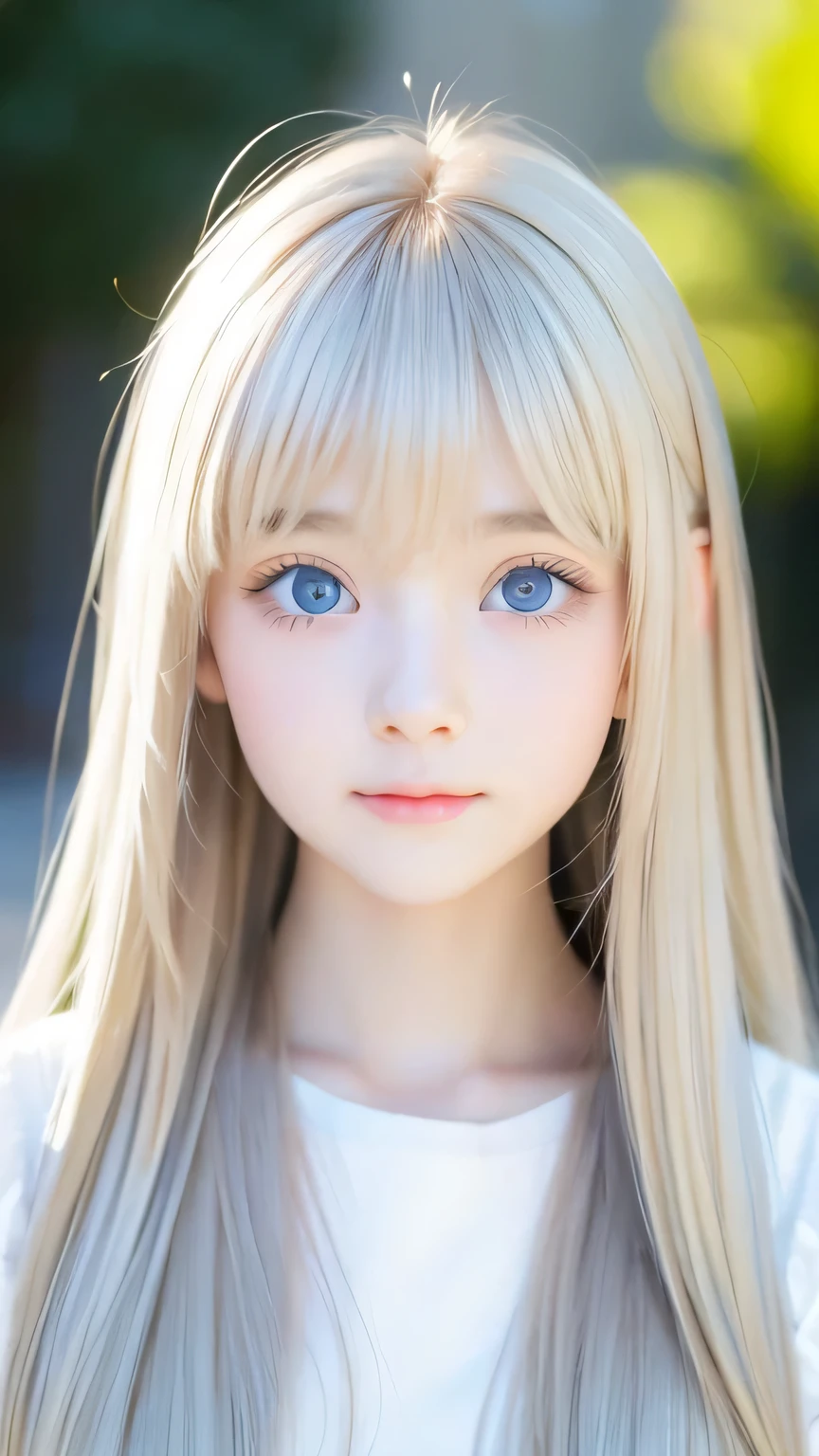 Very beautiful face、Long bangs flowing in front of the face、Beautiful pale light blue eyes hidden by her bangs、Very cute beautiful face and very radiant skin、Bangs between the eyes、snow-white beautiful skin、very beautiful pale light blue eyes,、Beautiful very long straight silky pale golden shiny natural platinum blonde hair、Cute 14 year old blonde beauty、Round face、Such a cute little face、Bright expression、Big eyes and well-defined double eyelids、eyeliner、