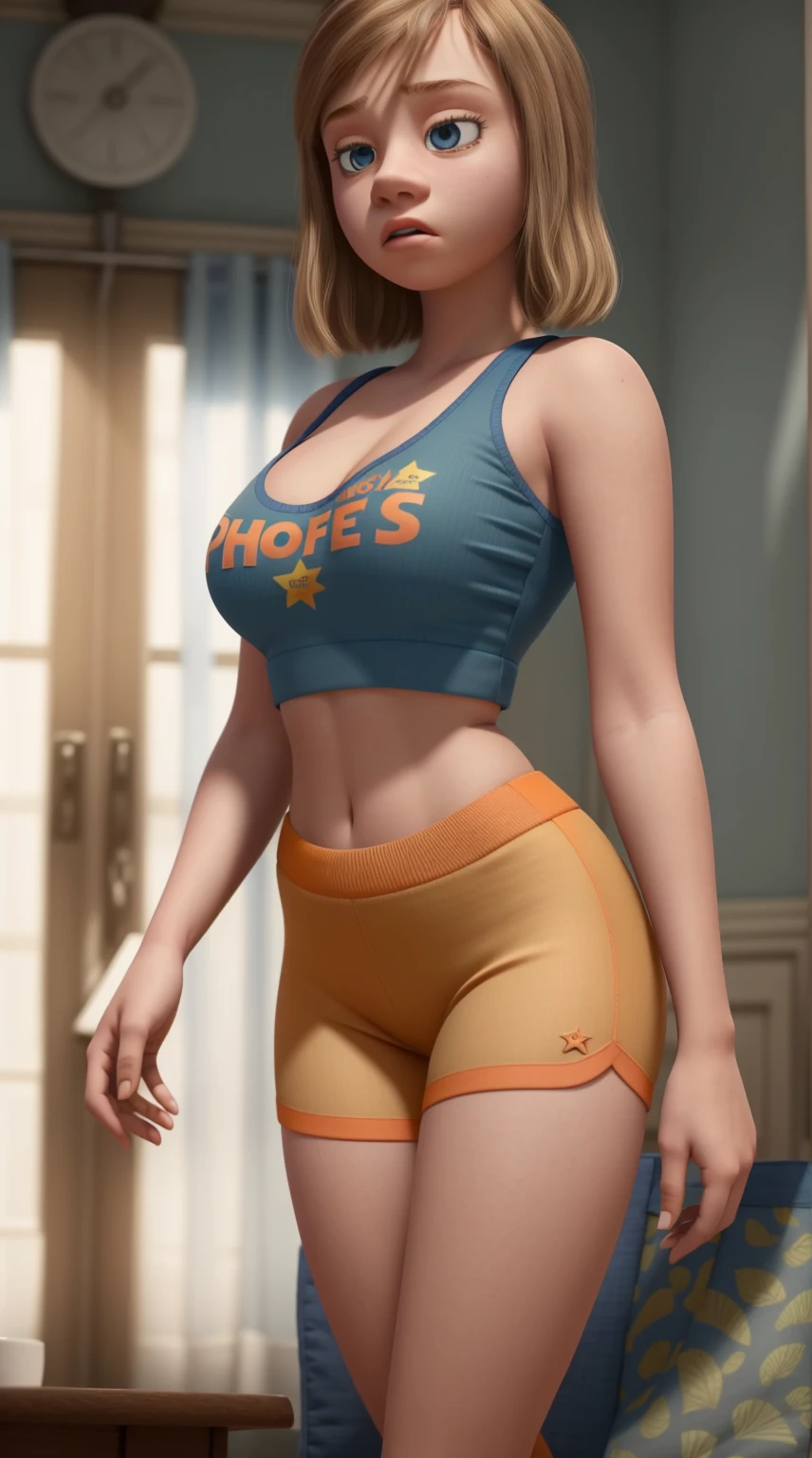 women, ((masterpiece, Best Quality)), full body view, bursting very giant breasts, slim, very fat legs, Wide hips, detailed skin, Riley Andersen  as a hooters girl, mermaids white and orange tight clothing, Bermuda, fitted crop top,  Very detailed, cinematic lighting, ultra realistic, blush, looking at the viewer, Riley Andersen from the movie Inside Out 